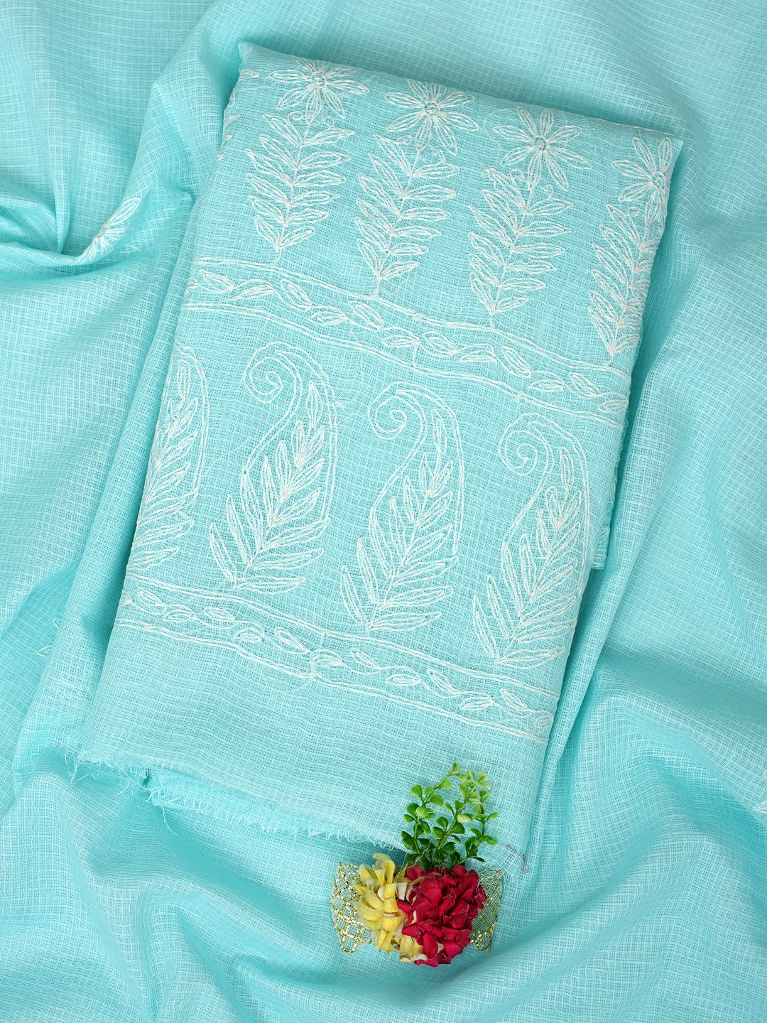 Ada Hand Embroidered Ice Blue Kota Lucknowi Chikankari Unstitched Kurta Dupatta Set 01A923416