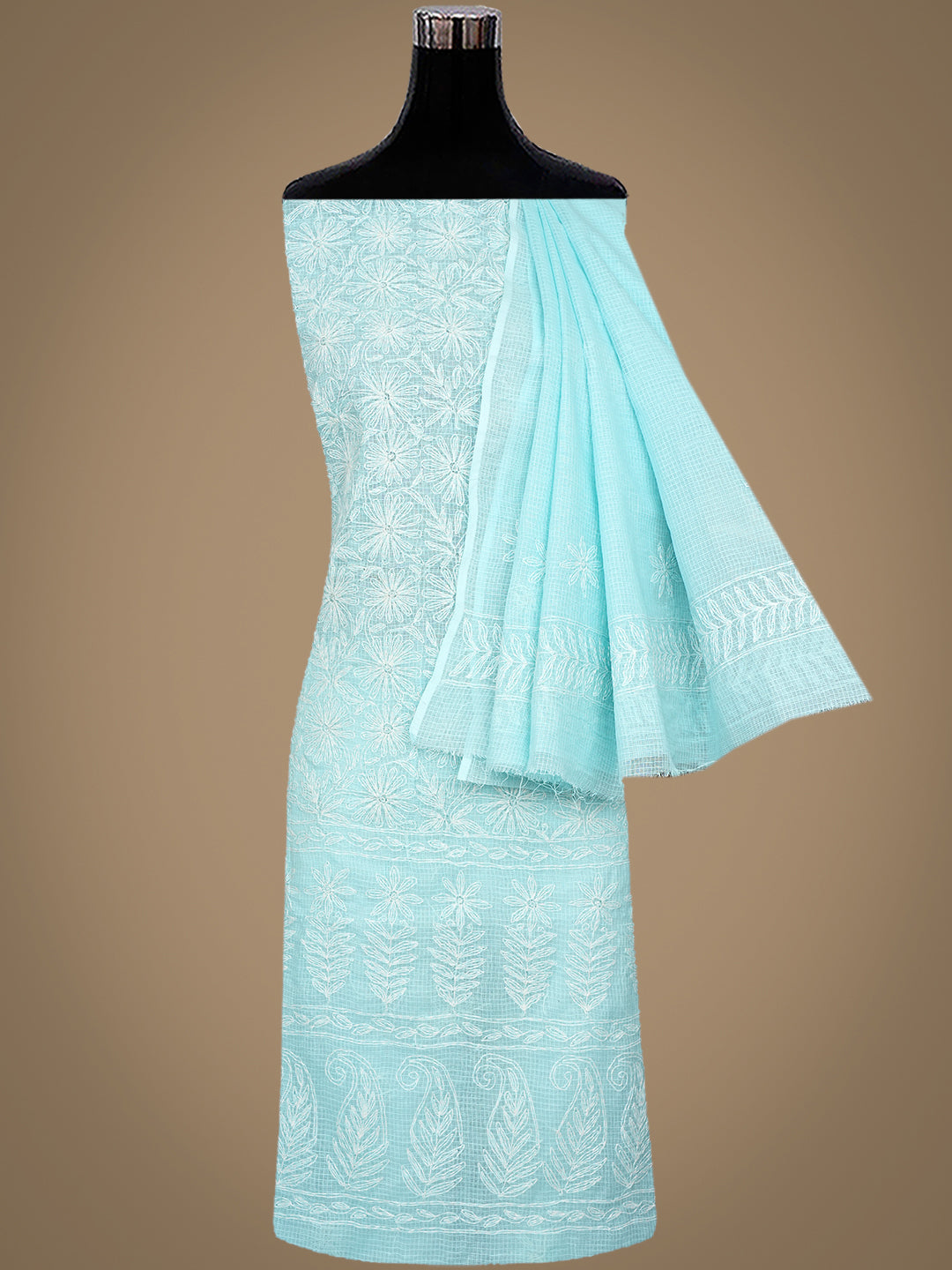 Ada Hand Embroidered Ice Blue Kota Lucknowi Chikankari Unstitched Kurta Dupatta Set 01A923416
