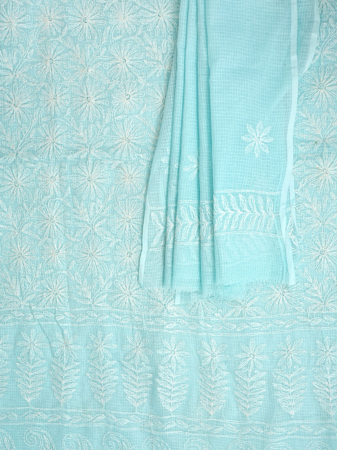Ada Hand Embroidered Ice Blue Kota Lucknowi Chikankari Unstitched Kurta Dupatta Set 01A923416
