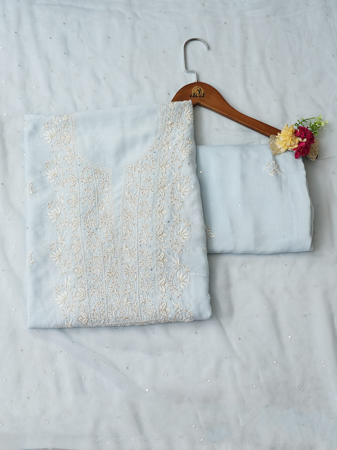 Ada Hand Embroidered Ice Blue Maslin Lucknowi Chikankari Unstitched Suit Set With Cutdana Work 01A426531
