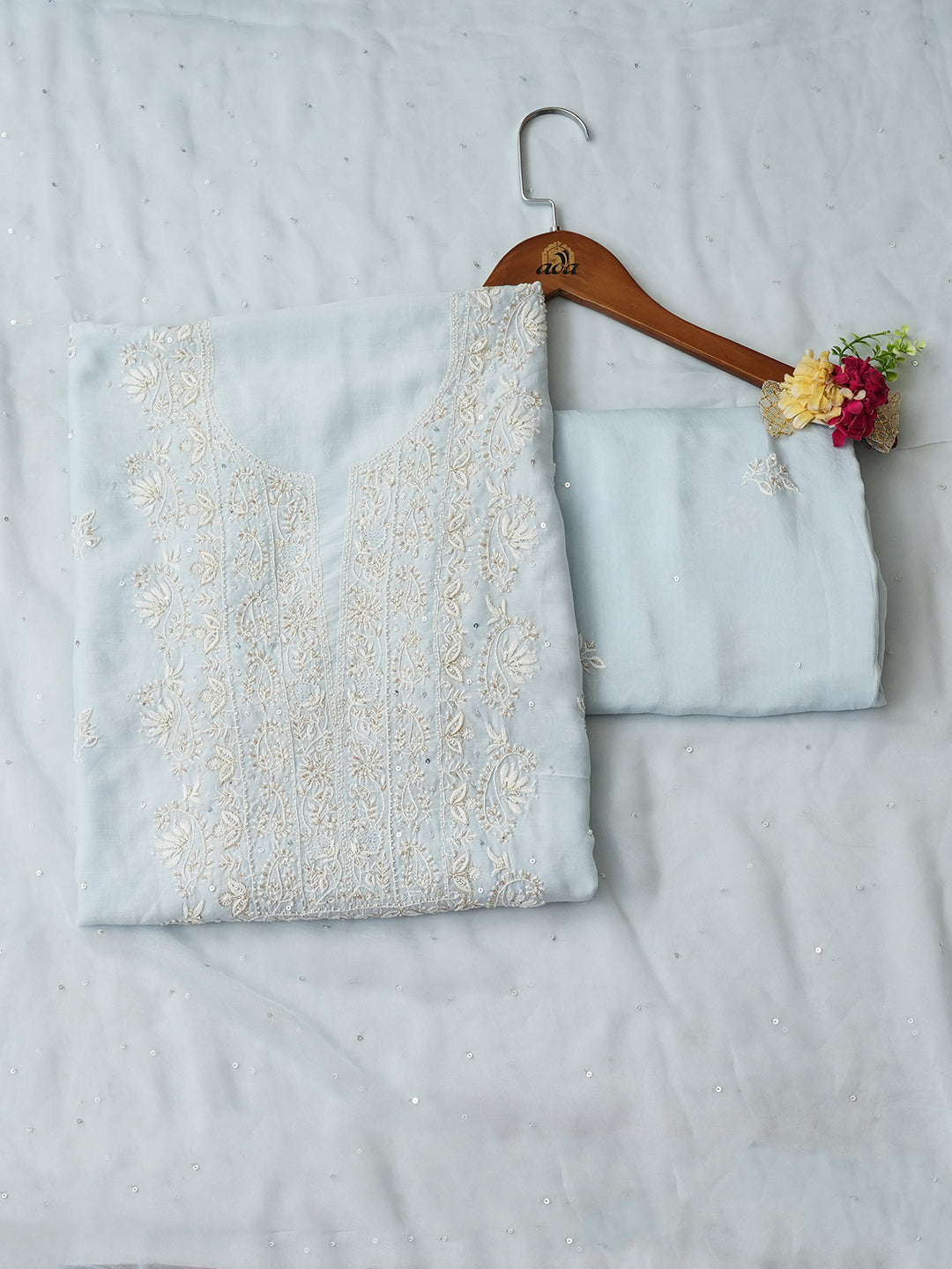 Ada Hand Embroidered Ice Blue Maslin Lucknowi Chikankari Unstitched Suit Set With Cutdana Work 01A426531