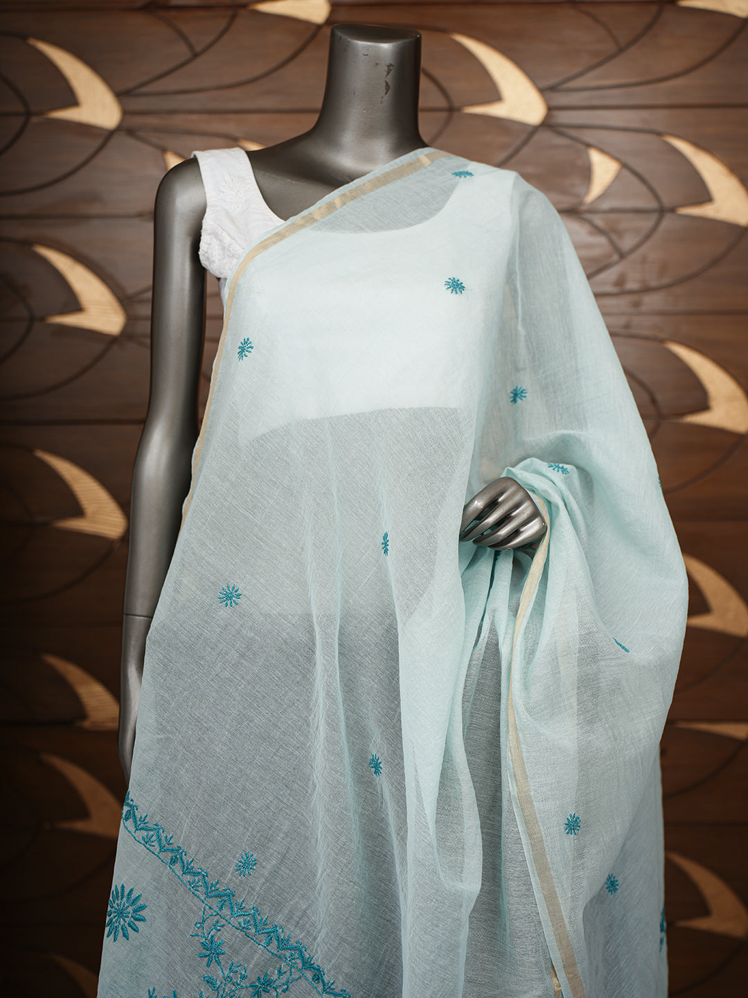 Ada Hand Embroidered Ice Green Chanderi Lucknowi Chikankari Dupatta 07A500617