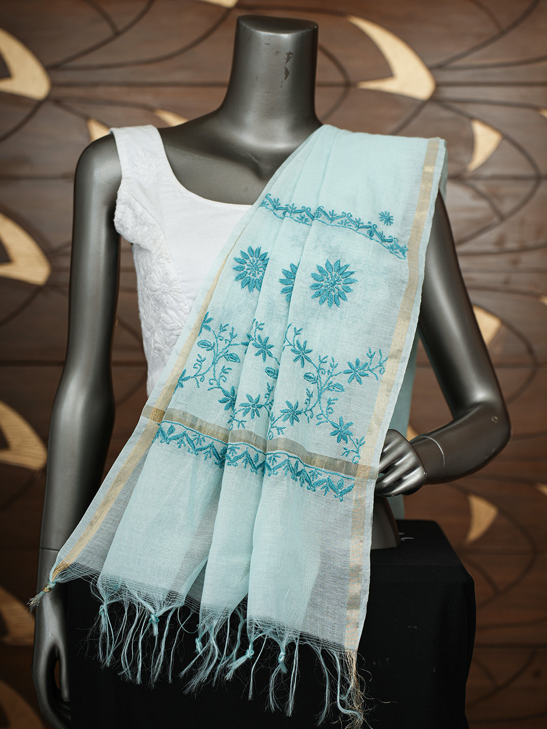 Ada Hand Embroidered Ice Green Chanderi Lucknowi Chikankari Dupatta 07A500617