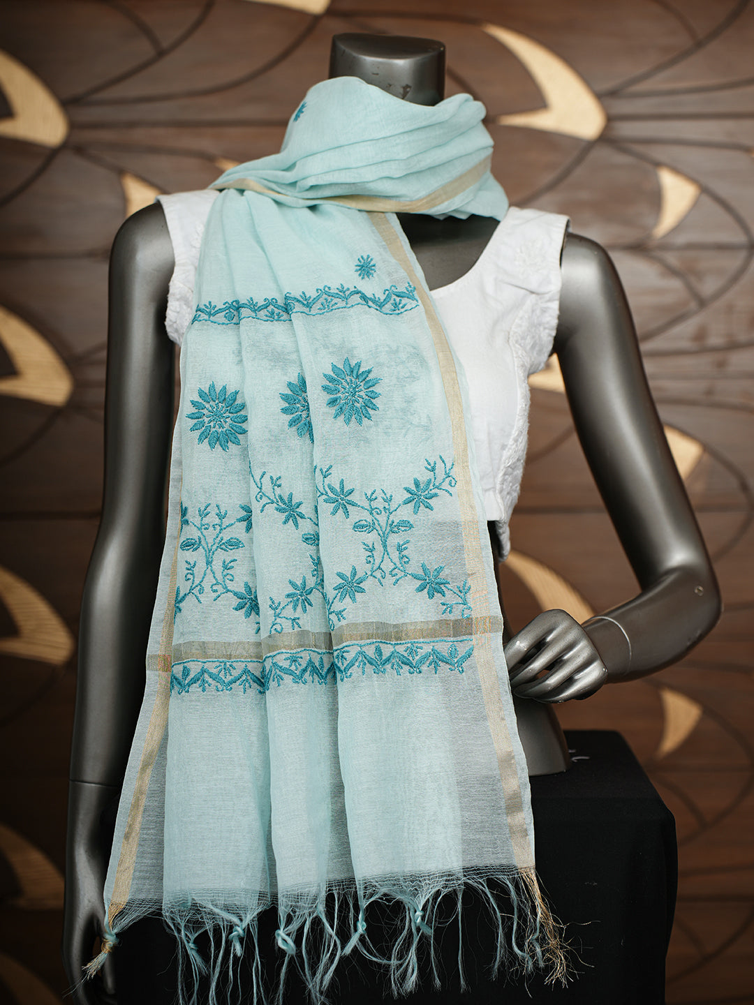 Ada Hand Embroidered Ice Green Chanderi Lucknowi Chikankari Dupatta 07A500617