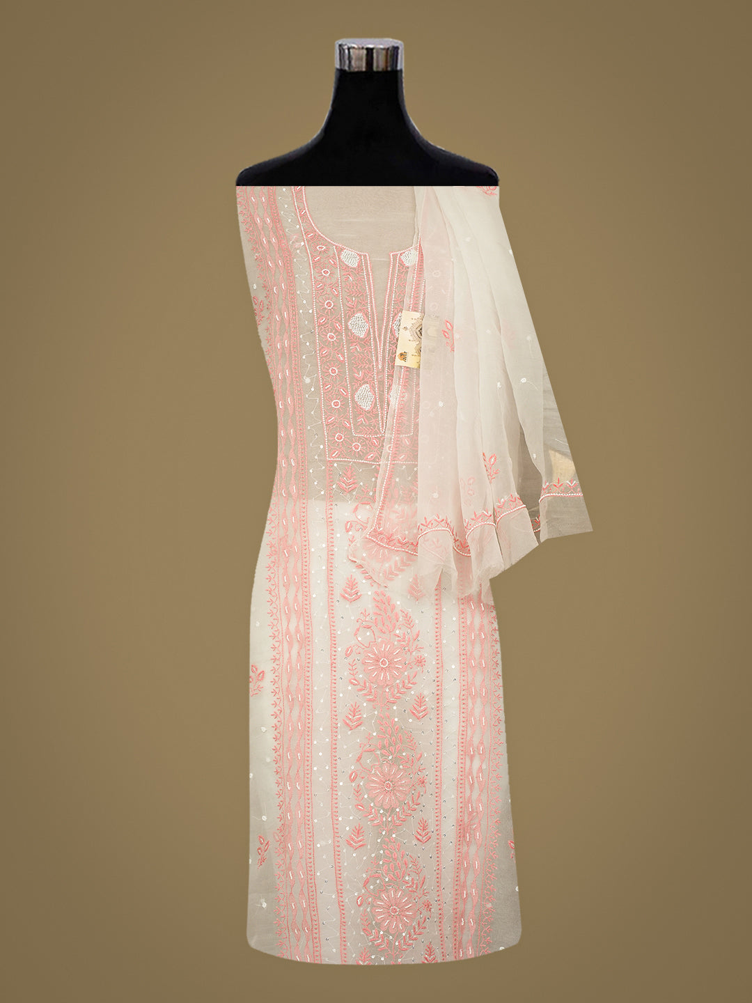 Ada Hand Embroidered White  Ivory Cream Organza Lucknowi Chikankari Unstitched Kurta Dupatta Set With Cutdana Work 01A997401