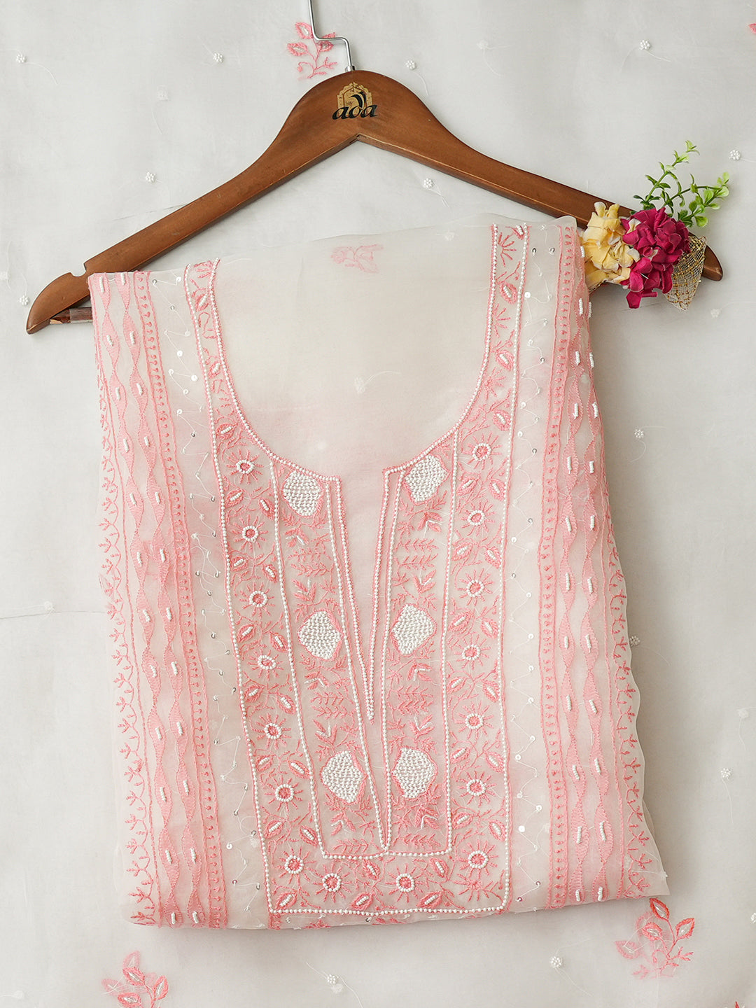 Ada Hand Embroidered White  Ivory Cream Organza Lucknowi Chikankari Unstitched Kurta Dupatta Set With Cutdana Work 01A997401
