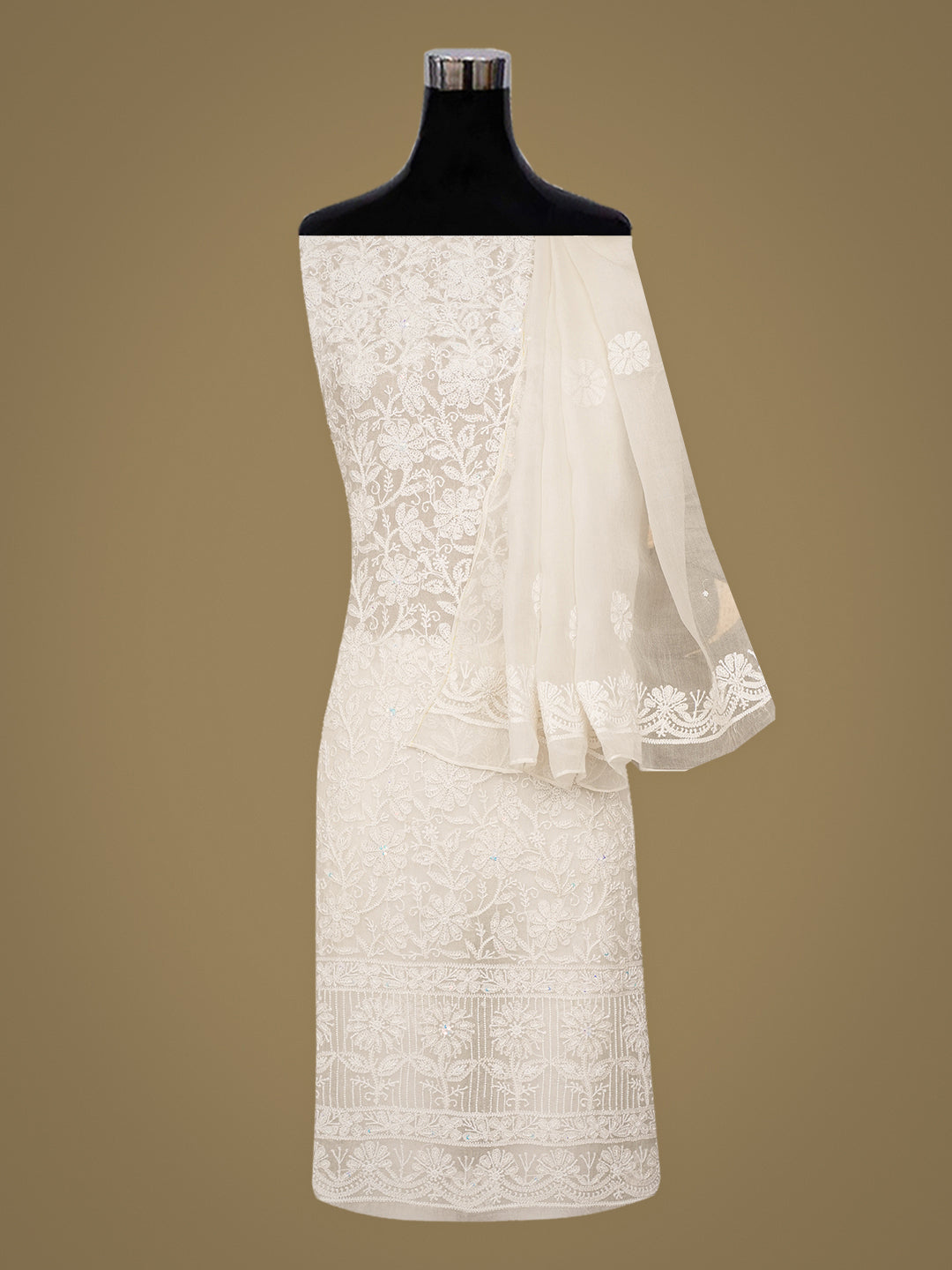 Ada Hand Embroidered Ivory Cream Organza Lucknowi Chikankari Unstitched Kurta Dupatta Set With Sequinned Work 01A703952