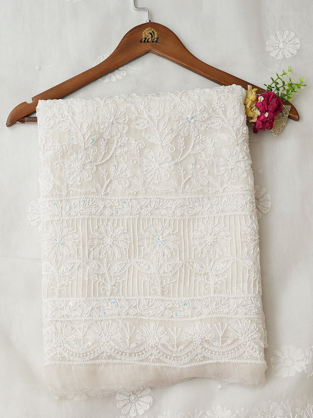 Ada Hand Embroidered Ivory Cream Organza Lucknowi Chikankari Unstitched Kurta Dupatta Set With Sequinned Work 01A703952