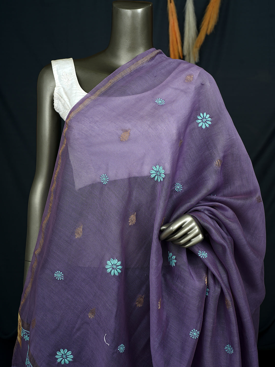Ada Hand Embroidered Lavender Chanderi Lucknowi Chikankari Dupatta 07A501859