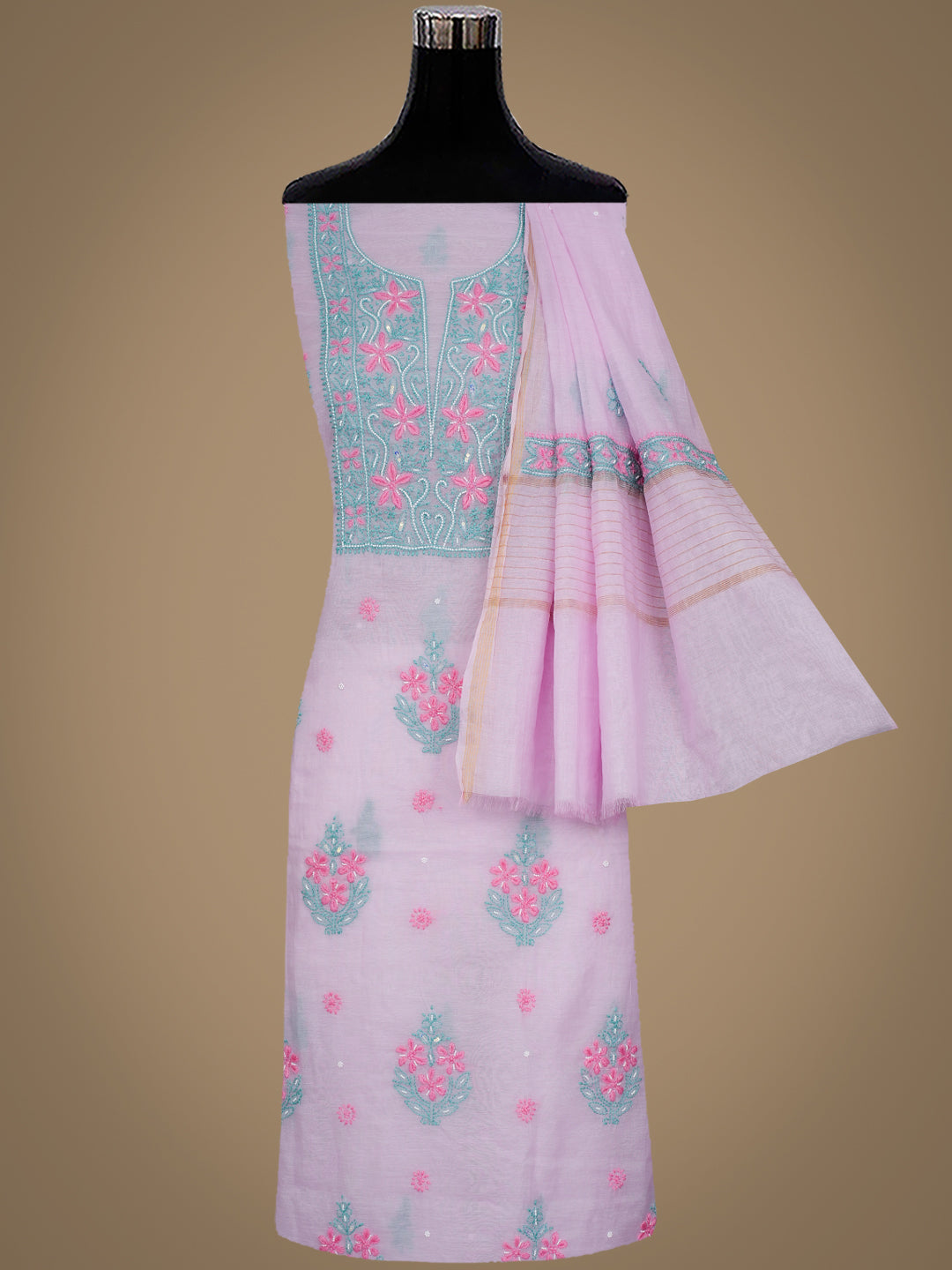 Ada Hand Embroidered Lavender Chanderi Lucknowi Chikankari Unstitched Kurta Dupatta Set 01A989969