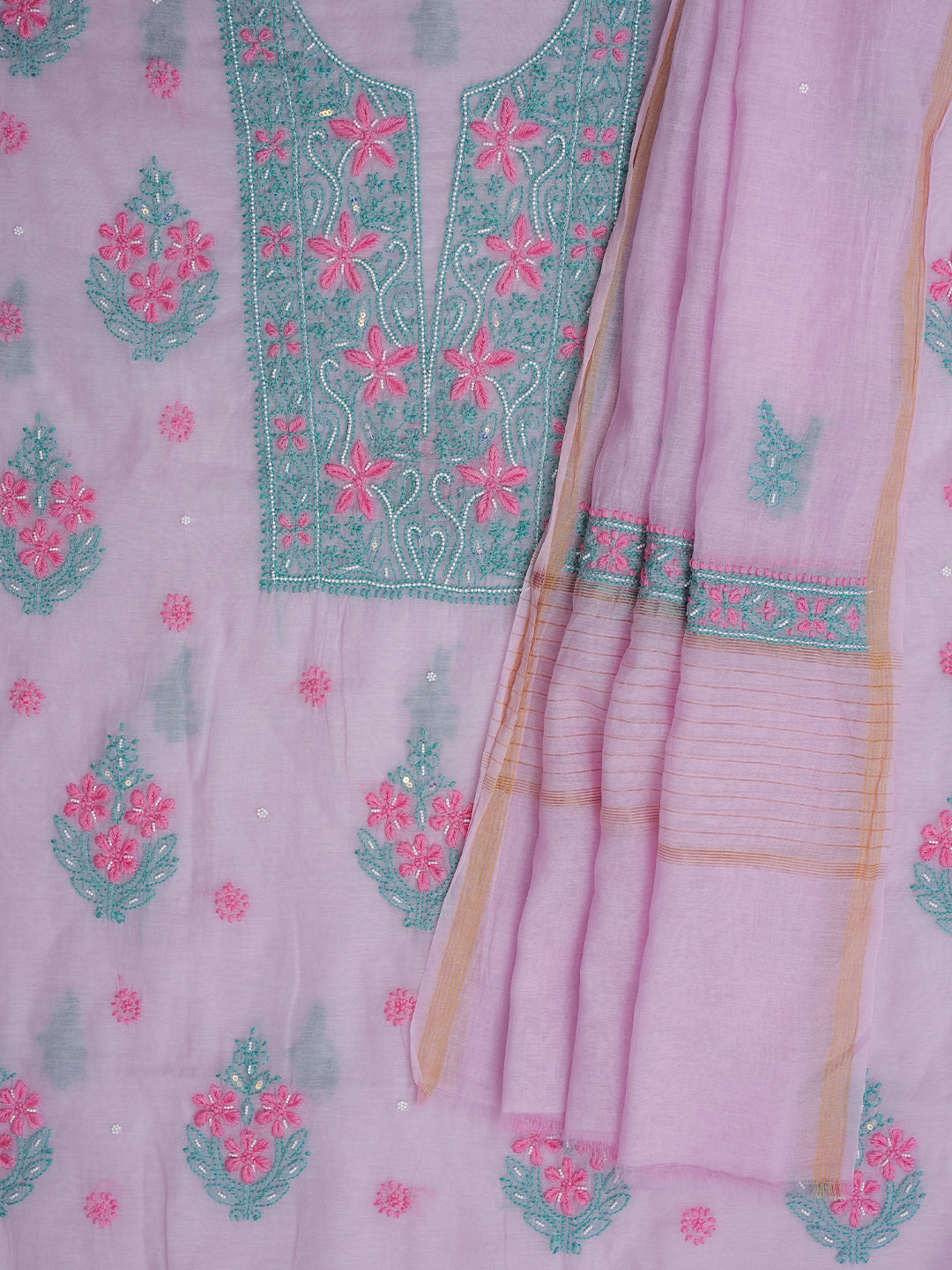 Ada Hand Embroidered Lavender Chanderi Lucknowi Chikankari Unstitched Kurta Dupatta Set 01A989969