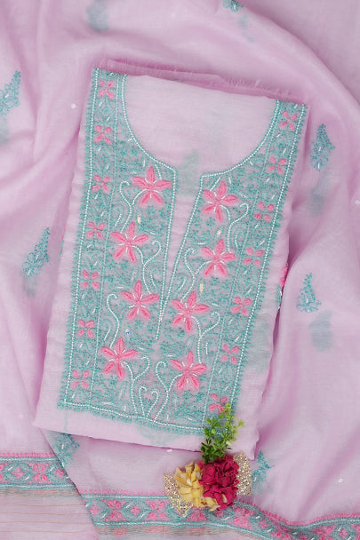 Ada Hand Embroidered Lavender Chanderi Lucknowi Chikankari Unstitched Kurta Dupatta Set 01A989969