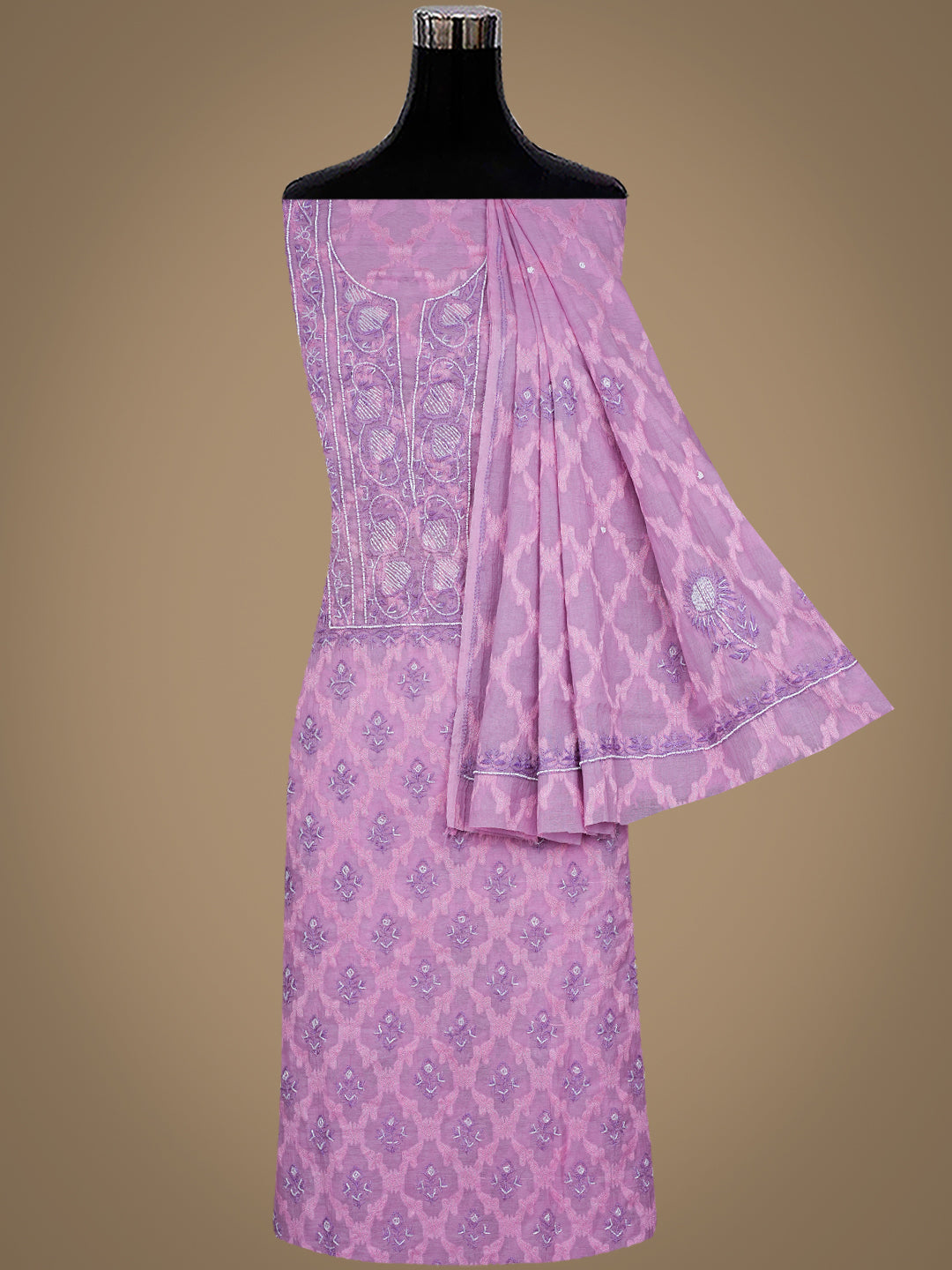 Ada Hand Embroidered Lavender Chanderi Lucknowi Chikankari Unstitched Kurta Dupatta Set With Cutdana Work 01A972731