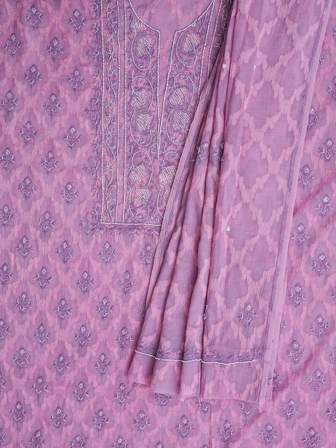 Ada Hand Embroidered Lavender Chanderi Lucknowi Chikankari Unstitched Kurta Dupatta Set With Cutdana Work 01A972731