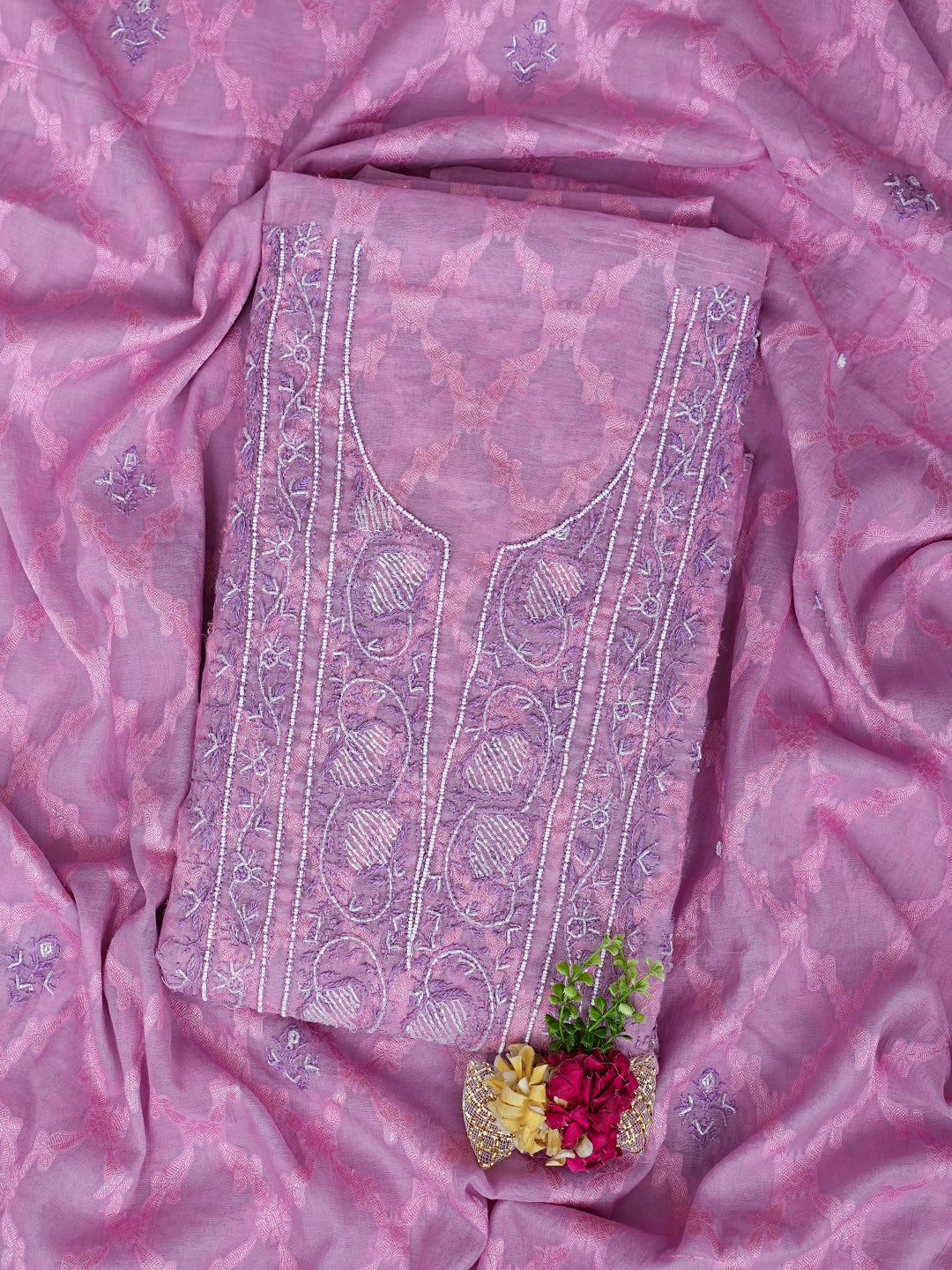 Ada Hand Embroidered Lavender Chanderi Lucknowi Chikankari Unstitched Kurta Dupatta Set With Cutdana Work 01A972731