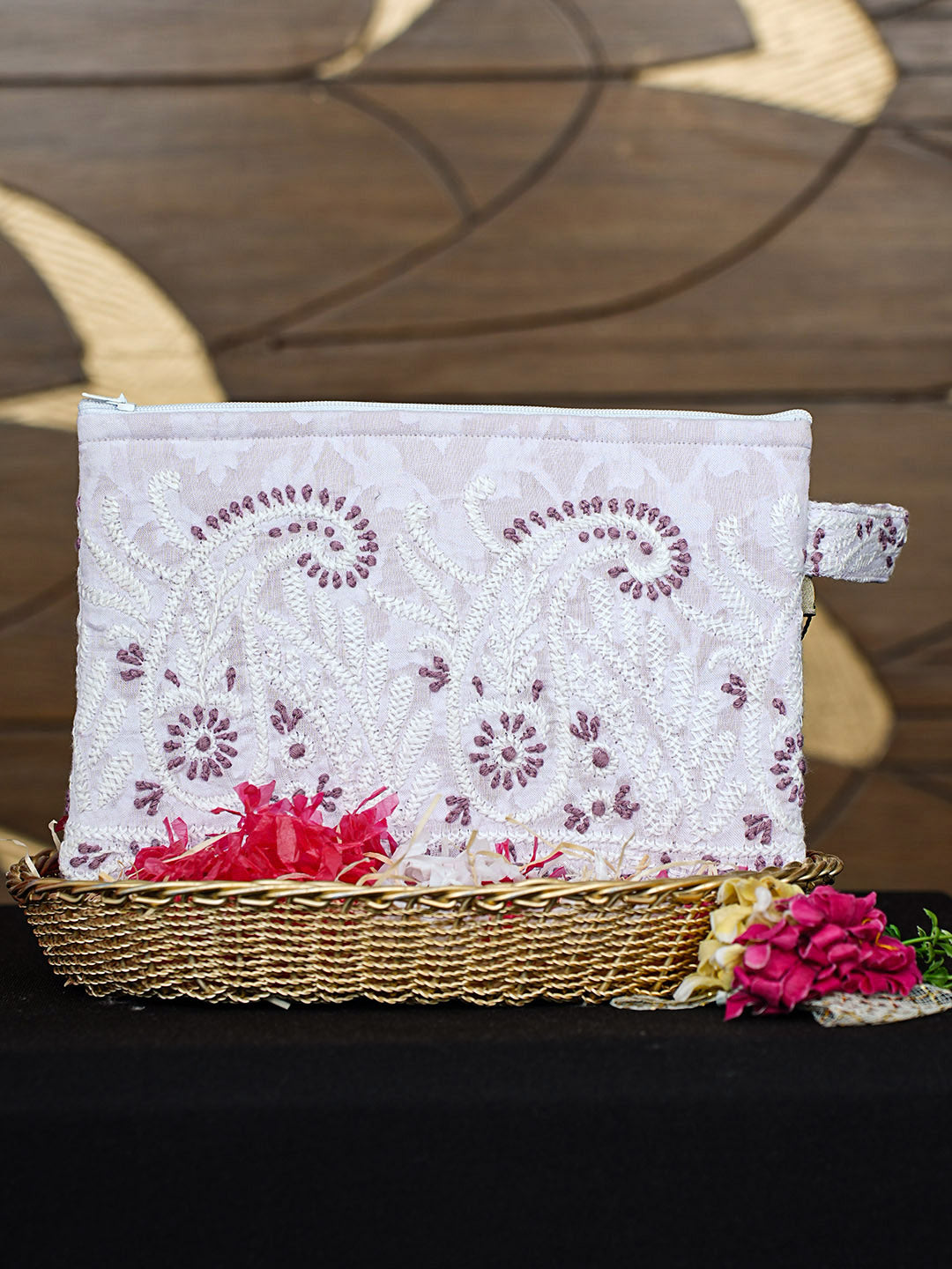 Ada Hand Embroidered Lavender Cotton Lucknowi Chikankari Pouch 01A922755