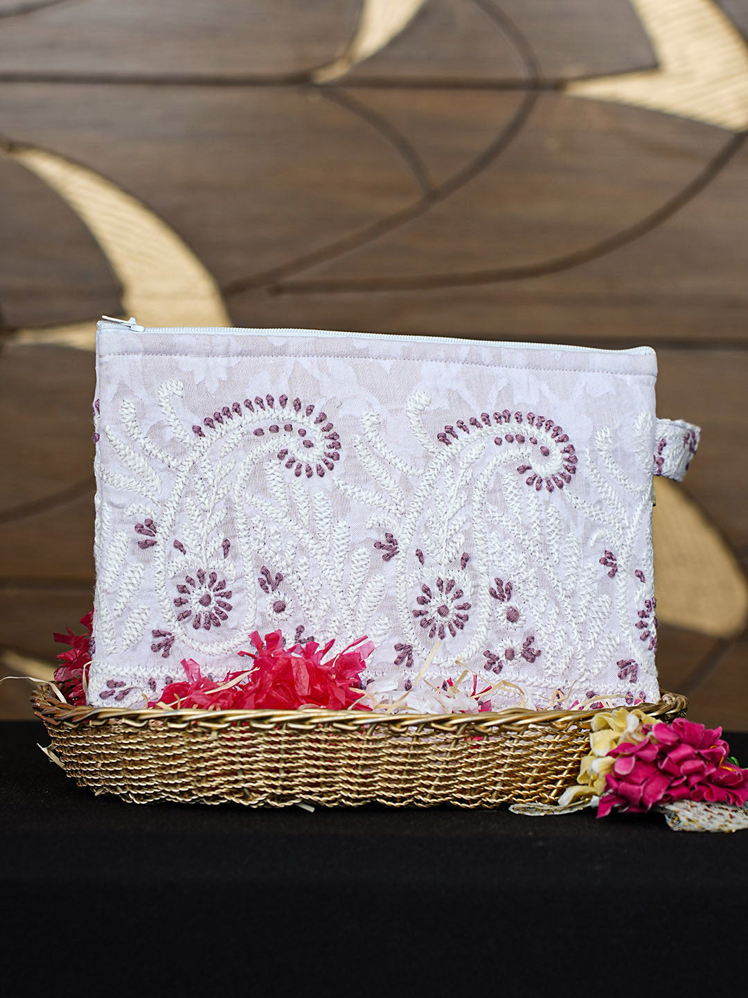 Ada Hand Embroidered Lavender Cotton Lucknowi Chikankari Pouch 01A922755