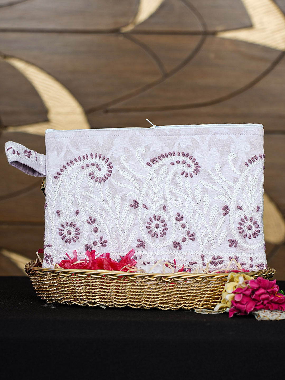 Ada Hand Embroidered Lavender Cotton Lucknowi Chikankari Pouch 01A922755