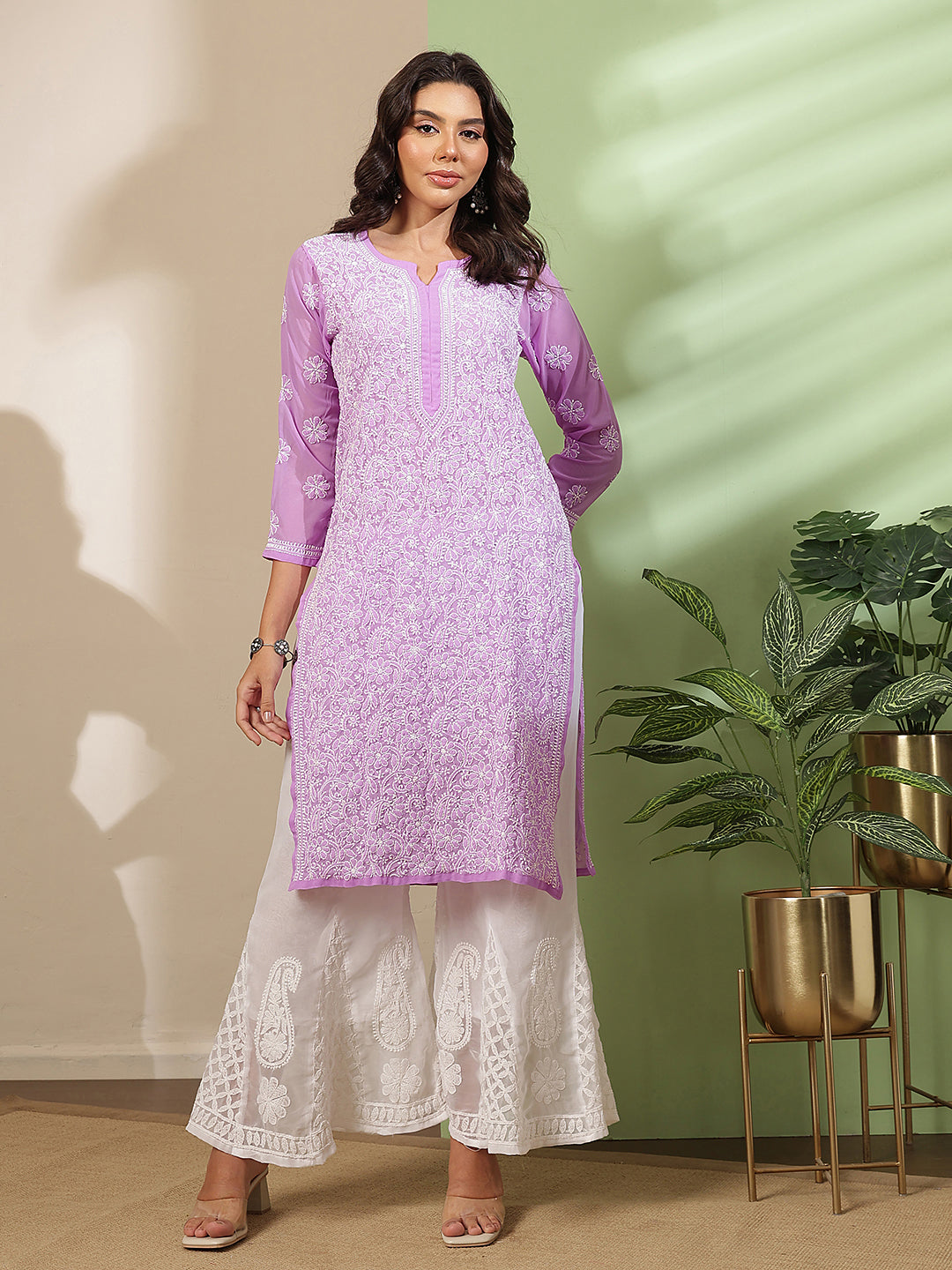 Ada Hand Embroidered Lavender Georgette Lucknowi Chikankari Straight Kurta With Palazzo A811383