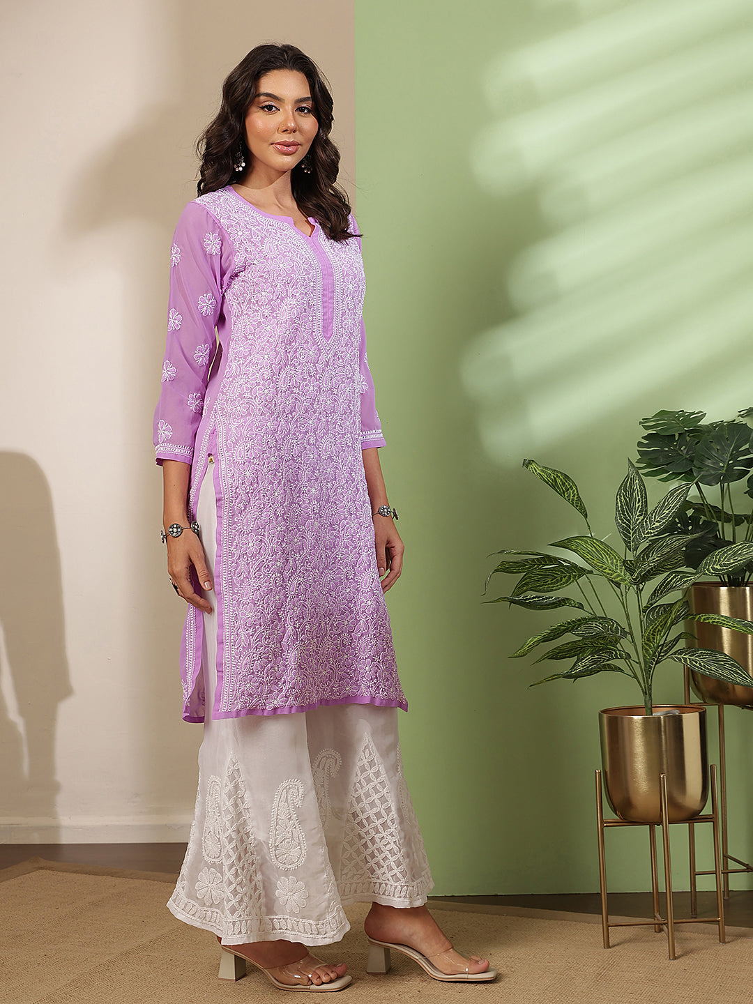 Ada Hand Embroidered Lavender Georgette Lucknowi Chikankari Straight Kurta With Palazzo A811383