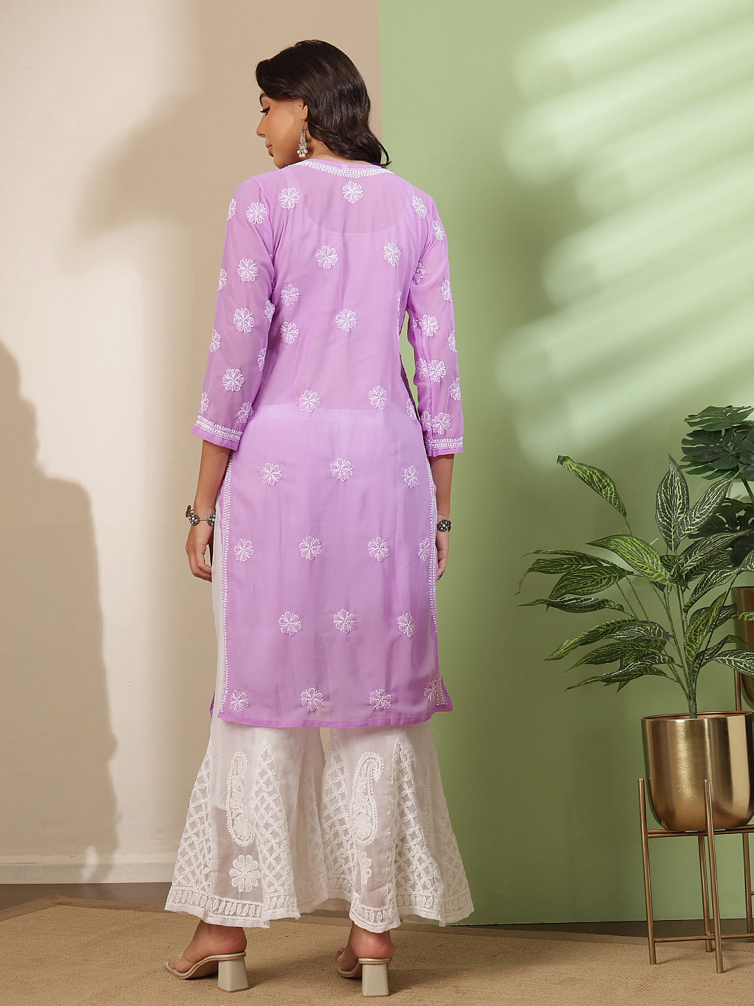 Ada Hand Embroidered Lavender Georgette Lucknowi Chikankari Straight Kurta With Palazzo A811383