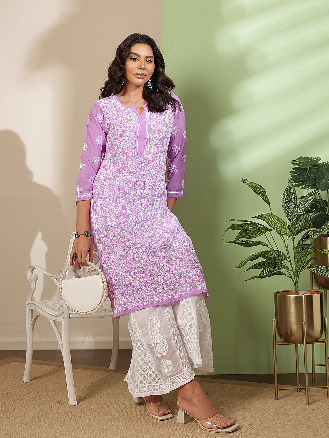 Ada Hand Embroidered Lavender Georgette Lucknowi Chikankari Straight Kurta With Palazzo A811383
