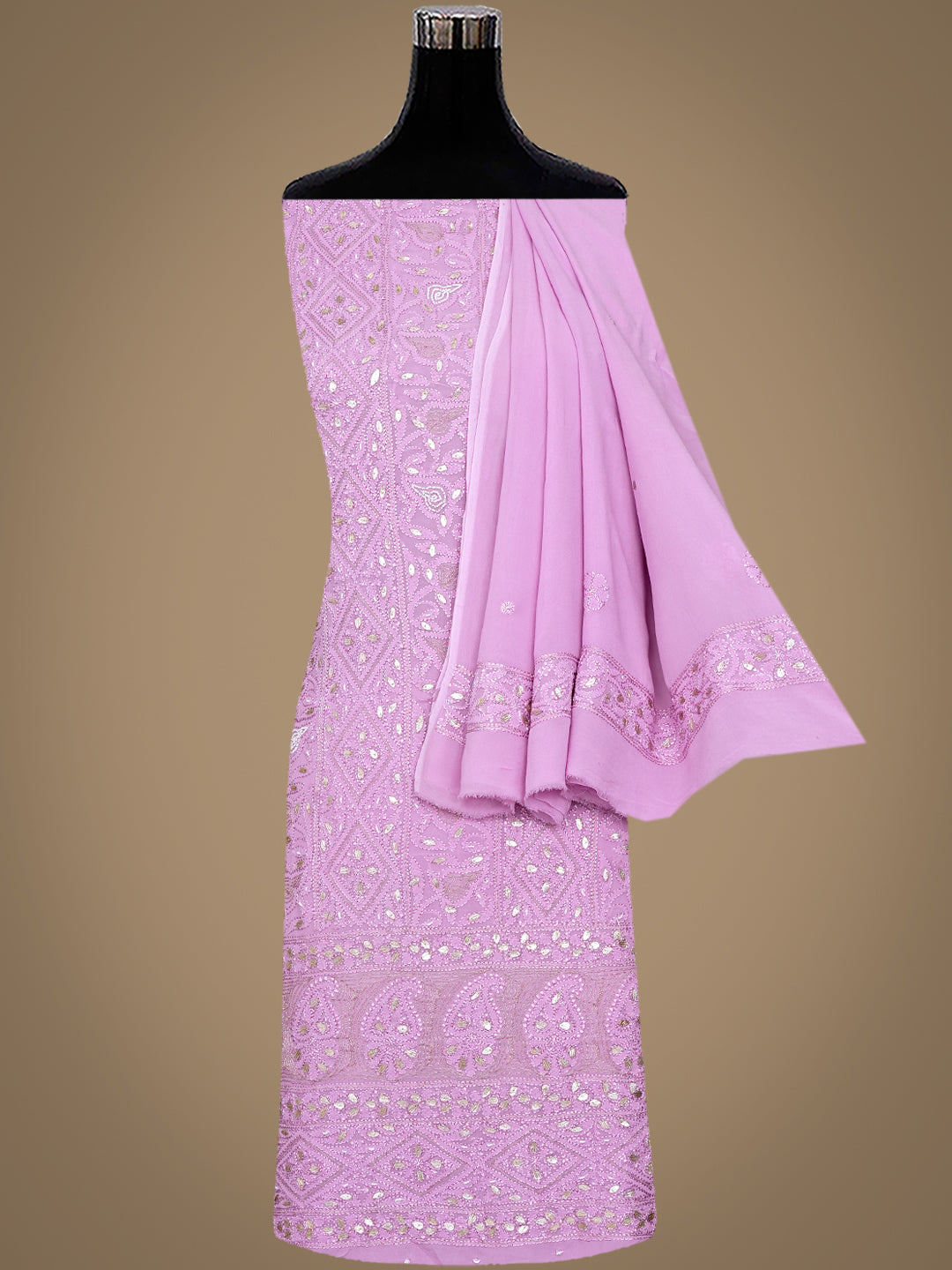 Ada Hand Embroidered Lavender Viscose Georgette Lucknowi Chikankari Unstitched Kurta Dupatta set With Pearl, Gota Patti and Zari Work 01A984163