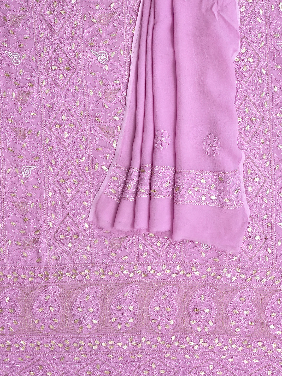 Ada Hand Embroidered Lavender Viscose Georgette Lucknowi Chikankari Unstitched Kurta Dupatta set With Pearl, Gota Patti and Zari Work 01A984163