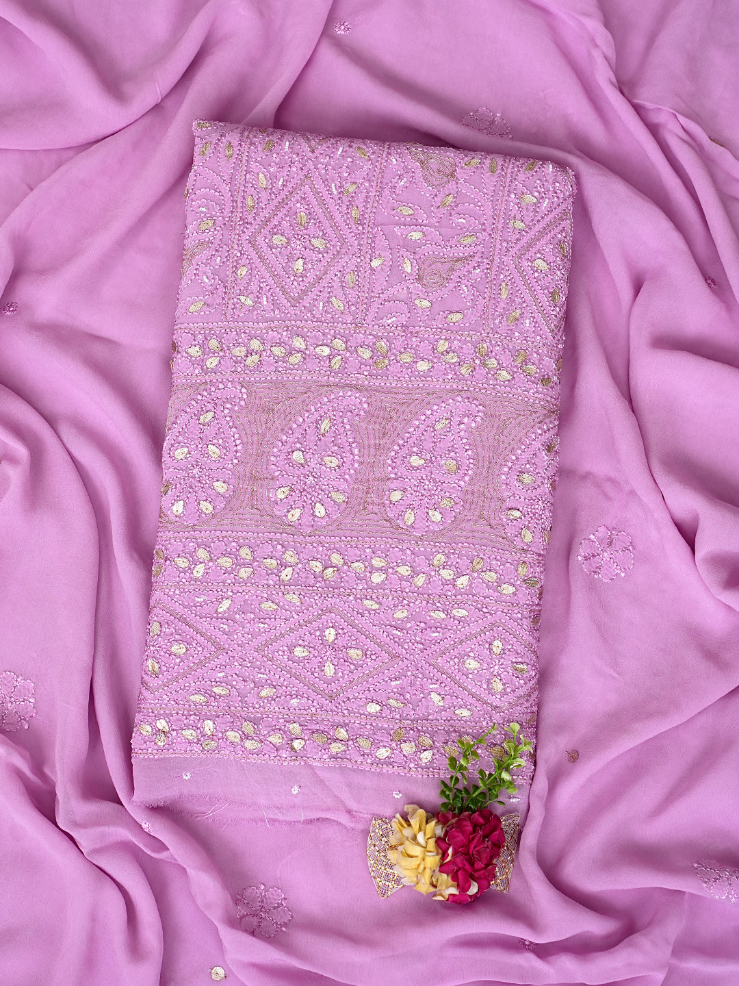 Ada Hand Embroidered Lavender Viscose Georgette Lucknowi Chikankari Unstitched Kurta Dupatta set With Pearl, Gota Patti and Zari Work 01A984163