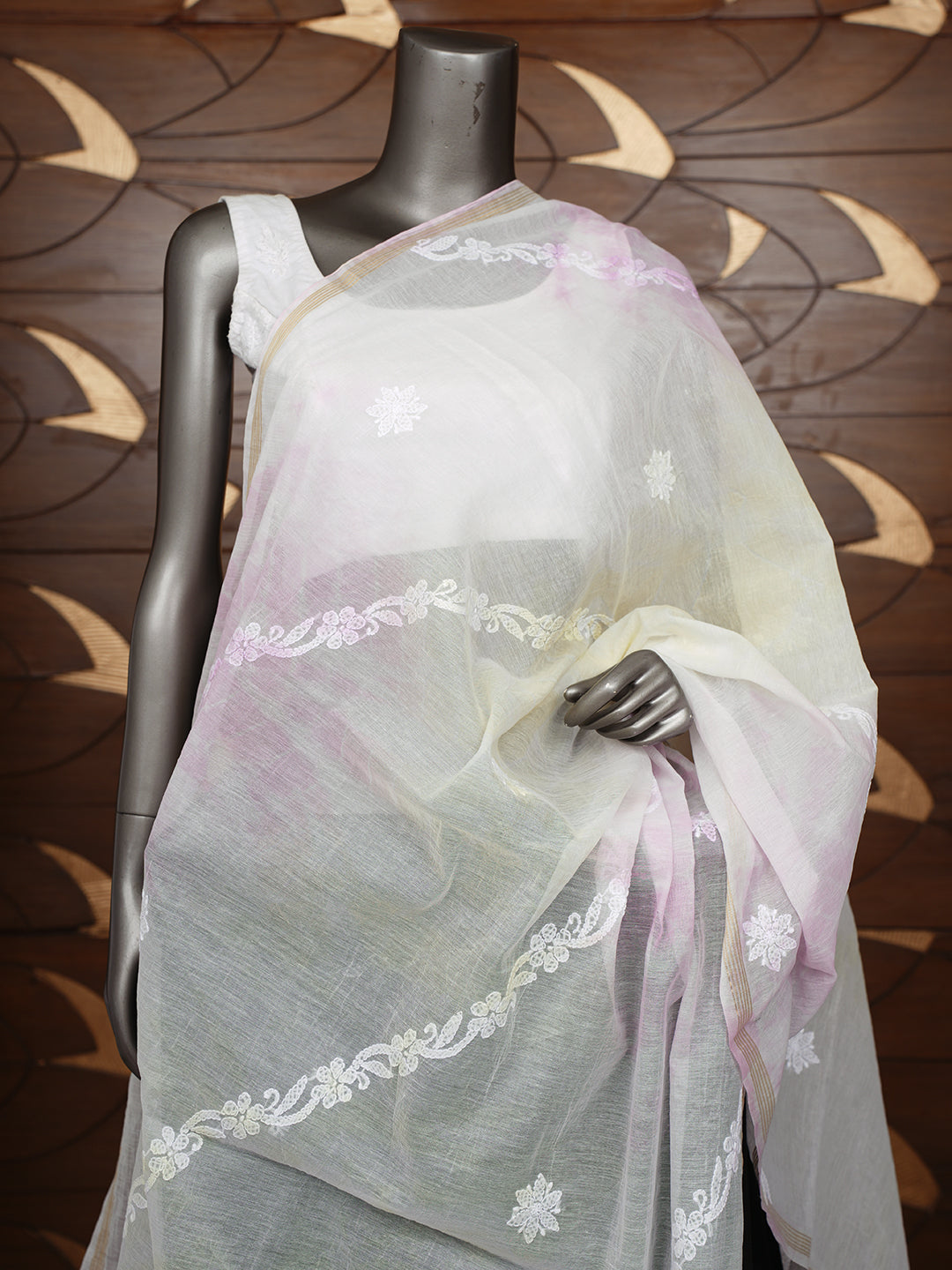 Ada Hand Embroidered Lemon Chanderi Lucknowi Chikankari Dupatta 01A1010537_2