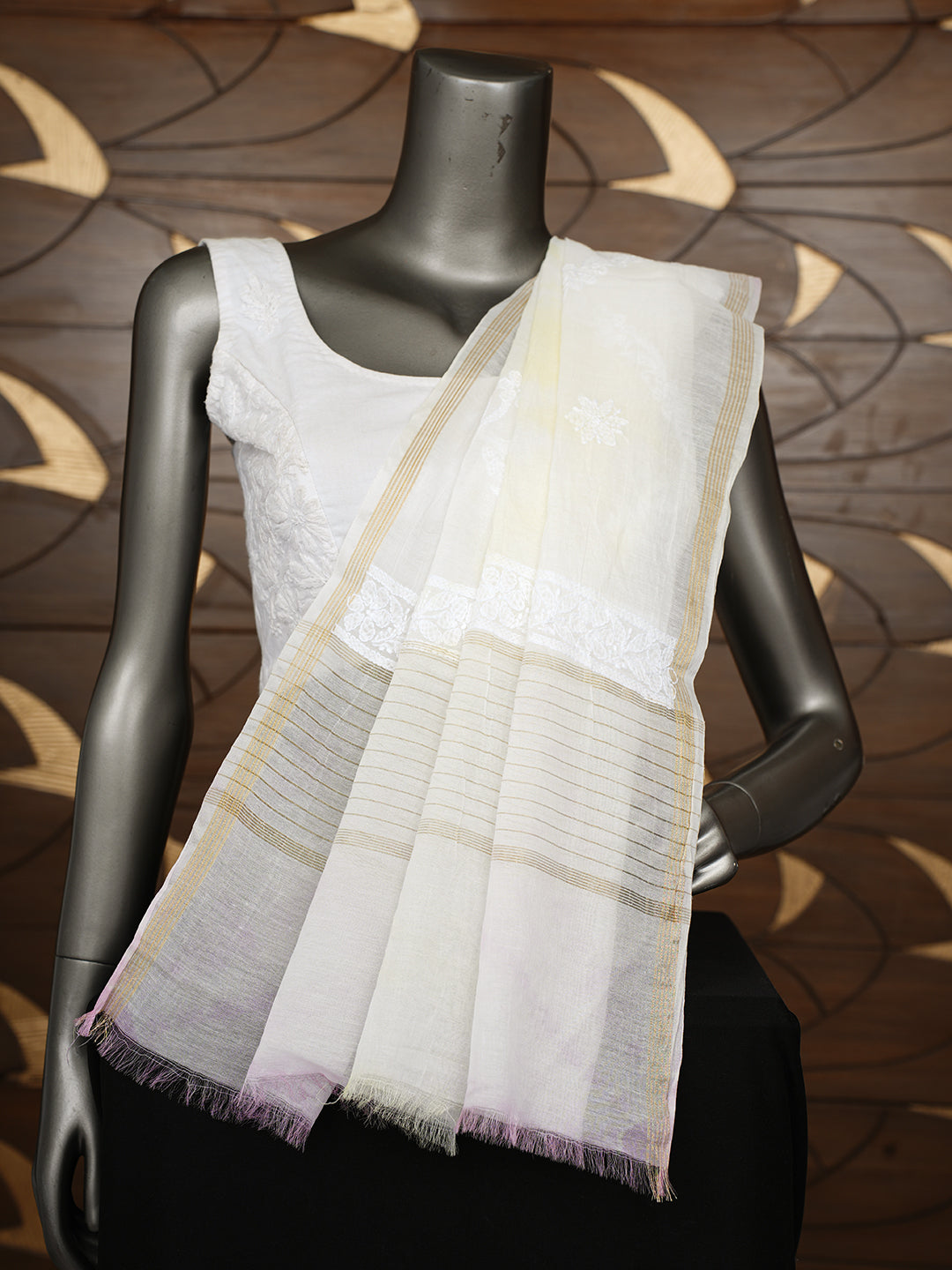 Ada Hand Embroidered Lemon Chanderi Lucknowi Chikankari Dupatta 01A1010537_1
