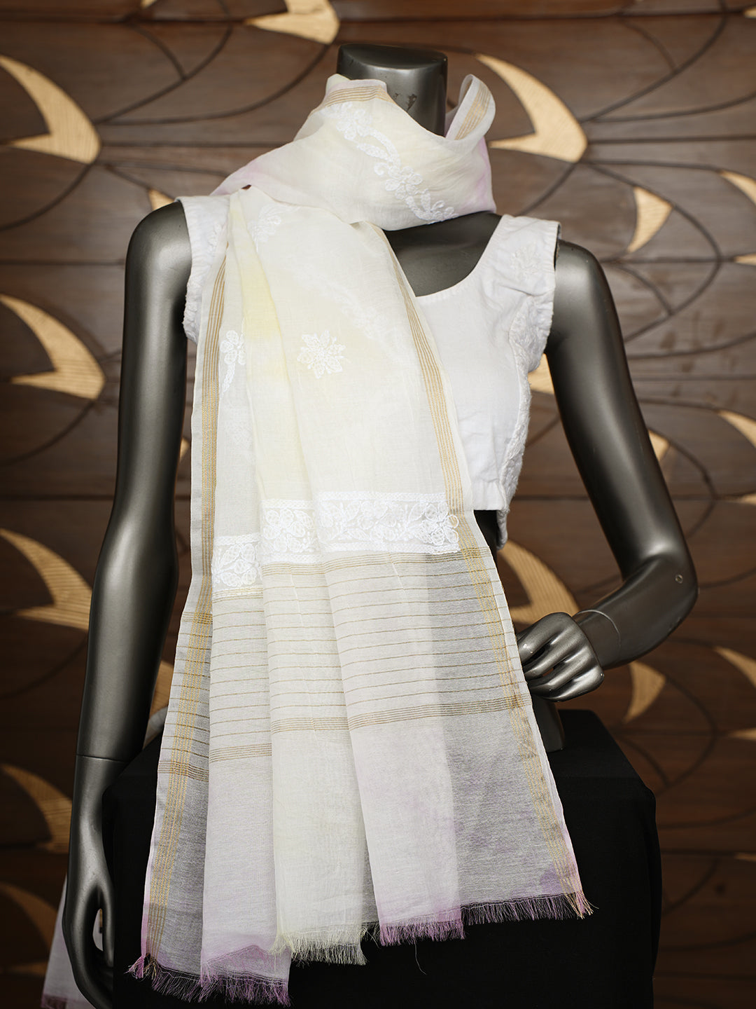 Ada Hand Embroidered Lemon Chanderi Lucknowi Chikankari Dupatta 01A1010537_3