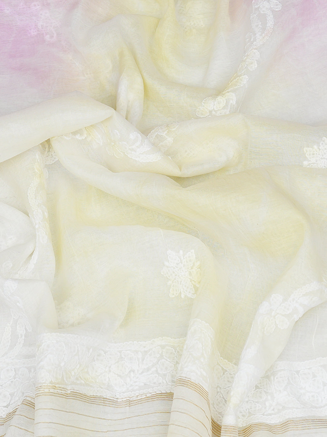 Ada Hand Embroidered Lemon Chanderi Lucknowi Chikankari Dupatta 01A1010537_4