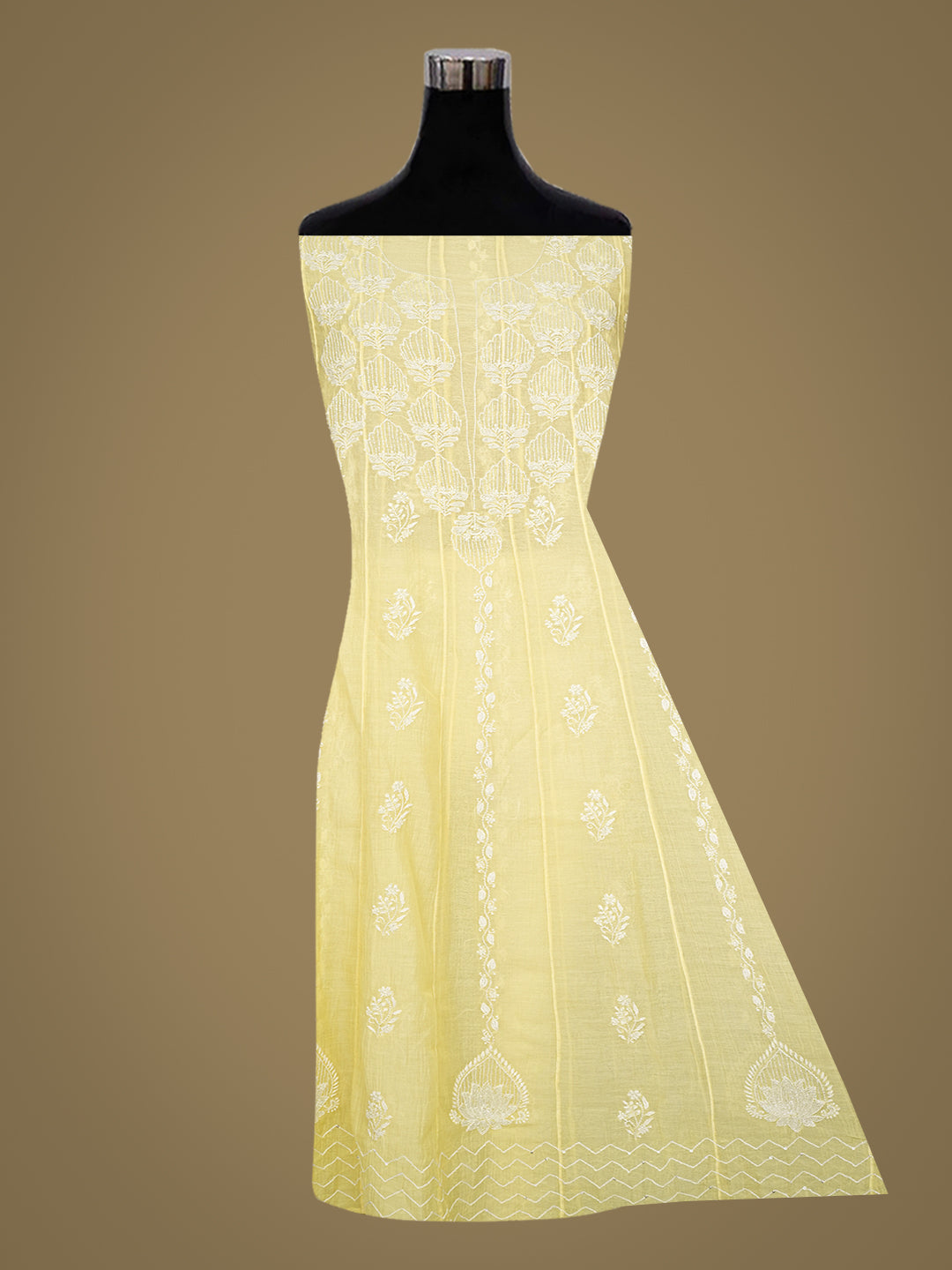 Ada Hand Embroidered Lemon Chanderi Lucknowi Chikankari Semi-Stitched Anarkali Dupatta Set With Sequinned Work 01A969413