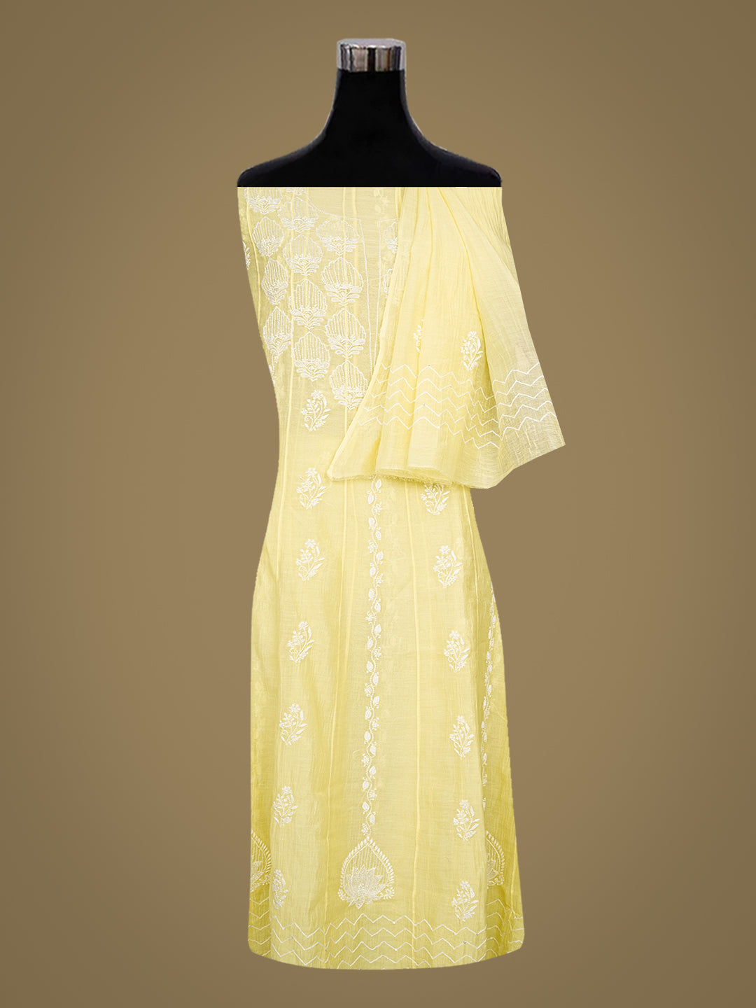 Ada Hand Embroidered Lemon Chanderi Lucknowi Chikankari Semi-Stitched Anarkali Dupatta Set With Sequinned Work 01A969413
