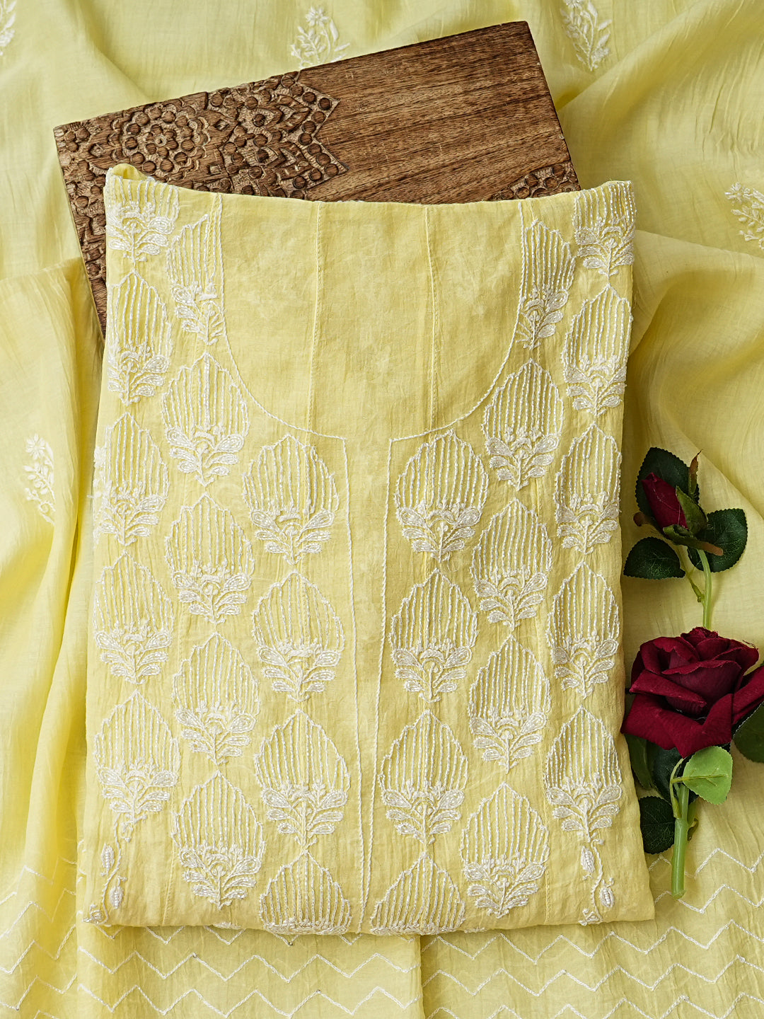 Ada Hand Embroidered Lemon Chanderi Lucknowi Chikankari Semi-Stitched Anarkali Dupatta Set With Sequinned Work 01A969413