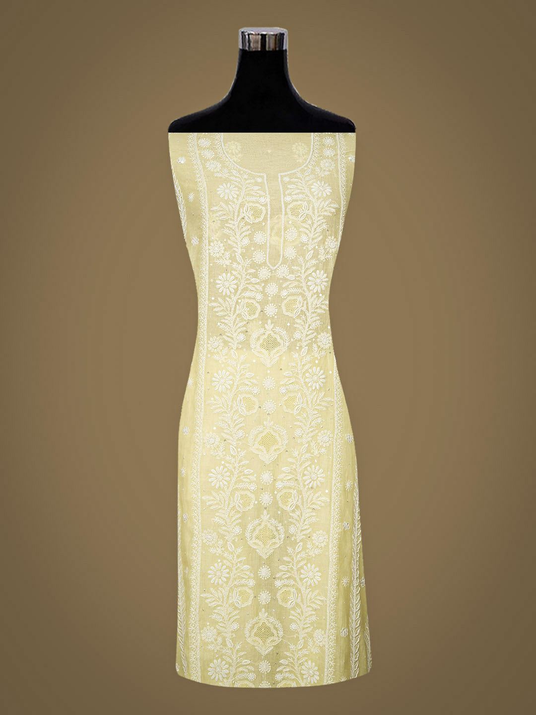 Ada Hand Embroidered Lemon Chanderi Lucknowi Chikankari Semi-stitched Kurta Dupatta set With Sequinned Work 01A935031