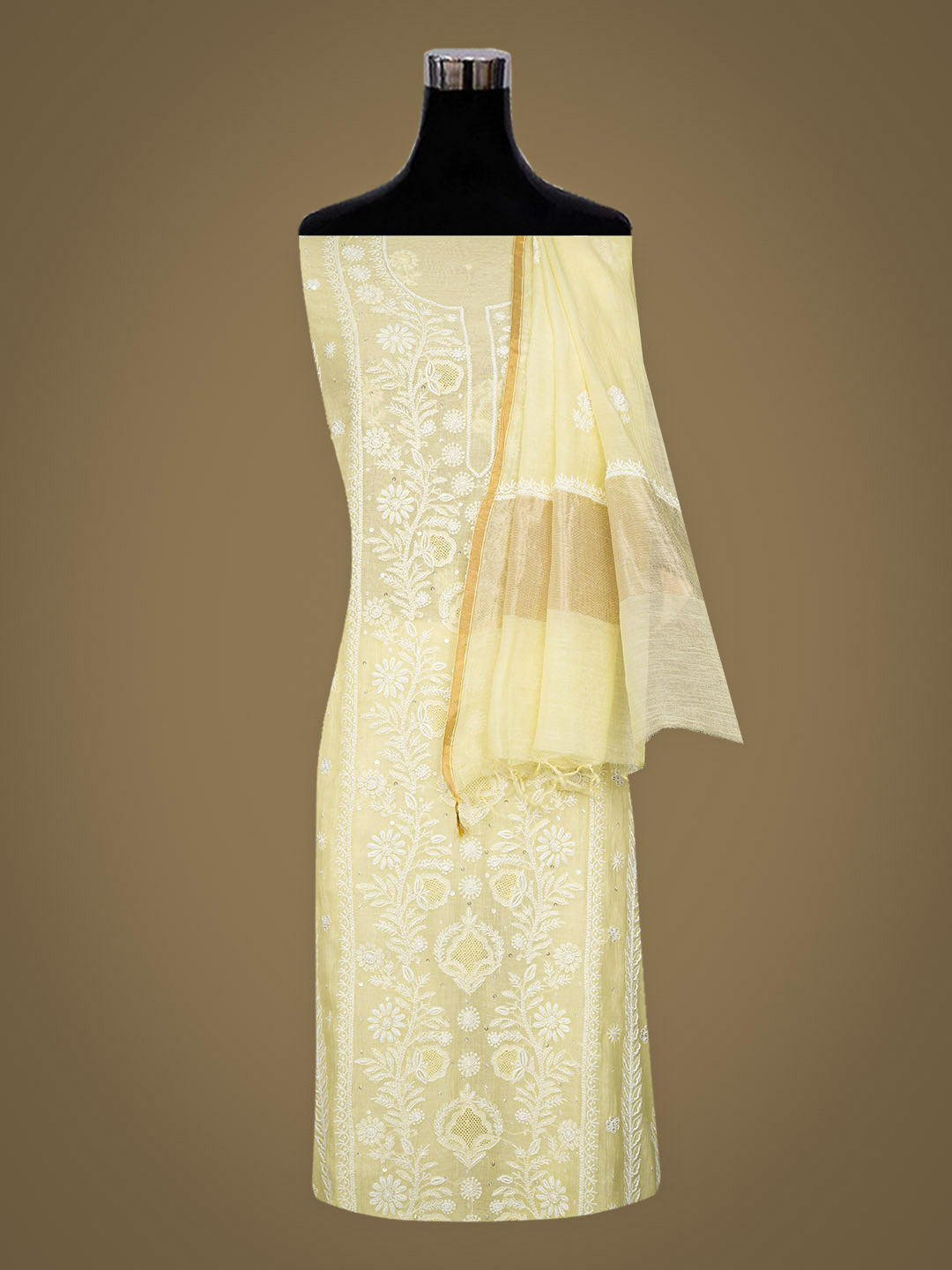Ada Hand Embroidered Lemon Chanderi Lucknowi Chikankari Semi-stitched Kurta Dupatta set With Sequinned Work 01A935031