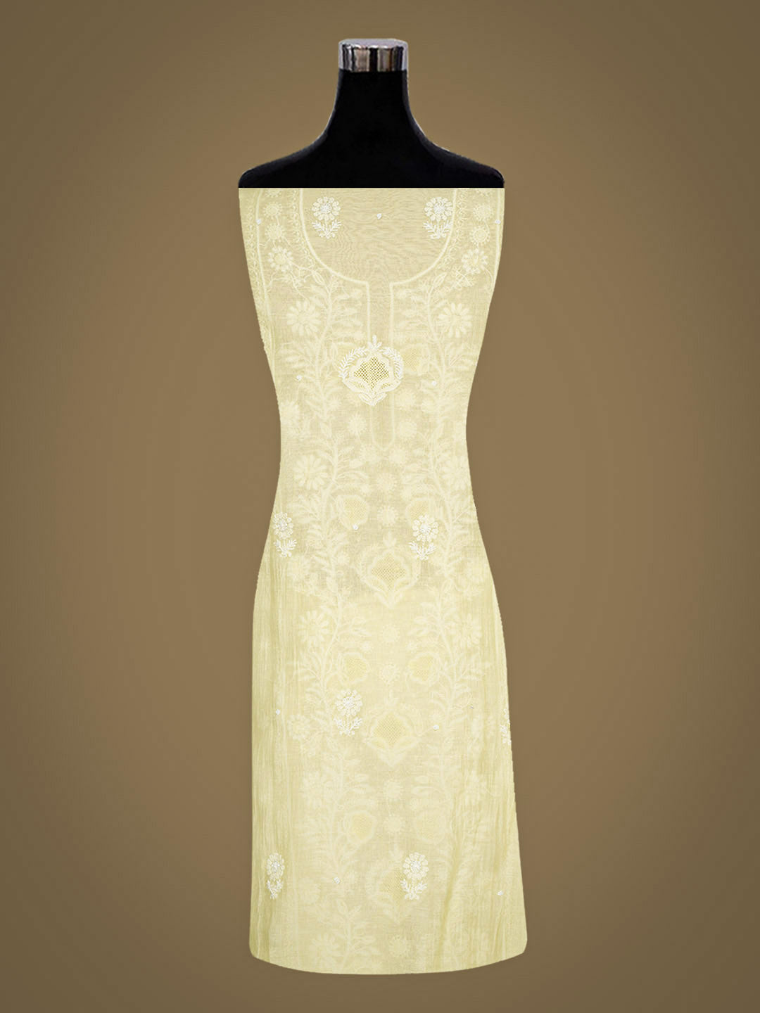 Ada Hand Embroidered Lemon Chanderi Lucknowi Chikankari Semi-stitched Kurta Dupatta set With Sequinned Work 01A935031