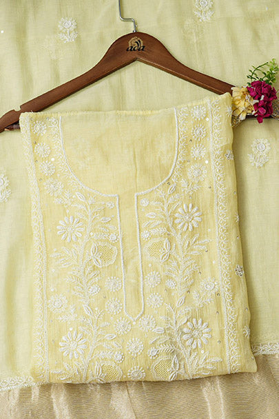 Ada Hand Embroidered Lemon Chanderi Lucknowi Chikankari Semi-stitched Kurta Dupatta set With Cutdana and Sequinned Work 01A935031