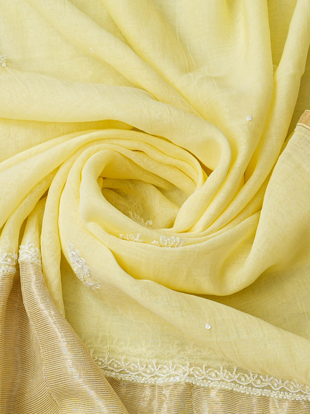 Ada Hand Embroidered Lemon Chanderi Lucknowi Chikankari Semi-stitched Kurta Dupatta set With Cutdana and Sequinned Work 01A935031