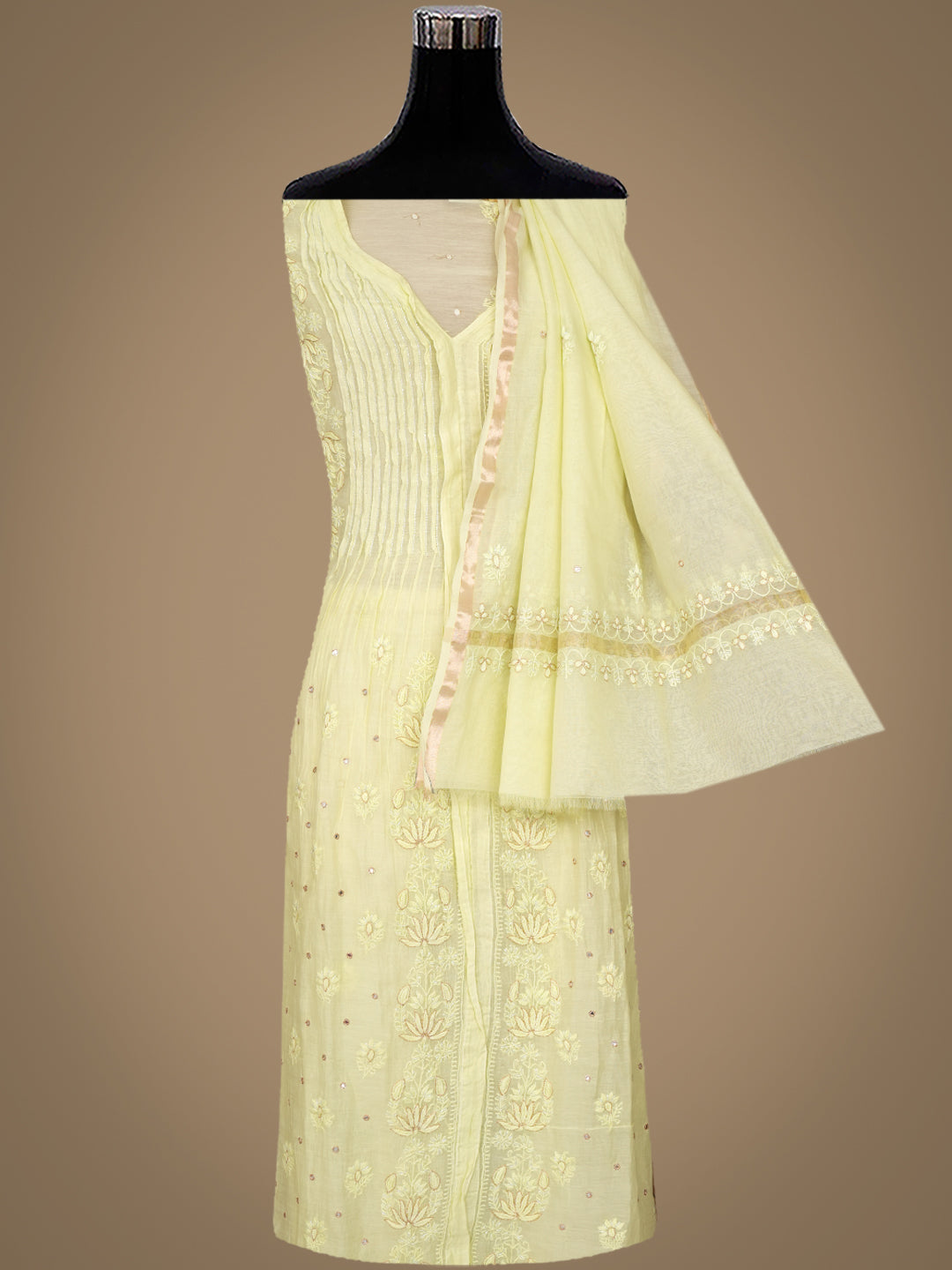 Ada Hand Embroidered Lemon Chanderi Lucknowi Chikankari Semi-Stitched Kurta Dupatta Set With Cutdana Work 01A887372