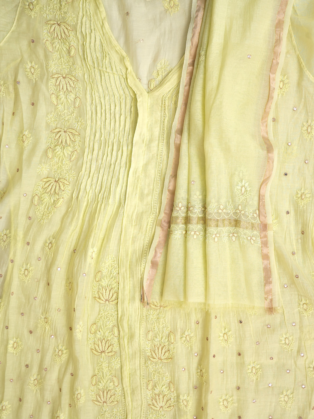 Ada Hand Embroidered Lemon Chanderi Lucknowi Chikankari Semi-Stitched Kurta Dupatta Set With Cutdana Work 01A887372