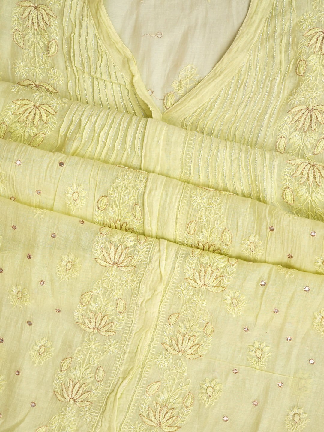 Ada Hand Embroidered Lemon Chanderi Lucknowi Chikankari Semi-Stitched Kurta Dupatta Set With Cutdana Work 01A887372