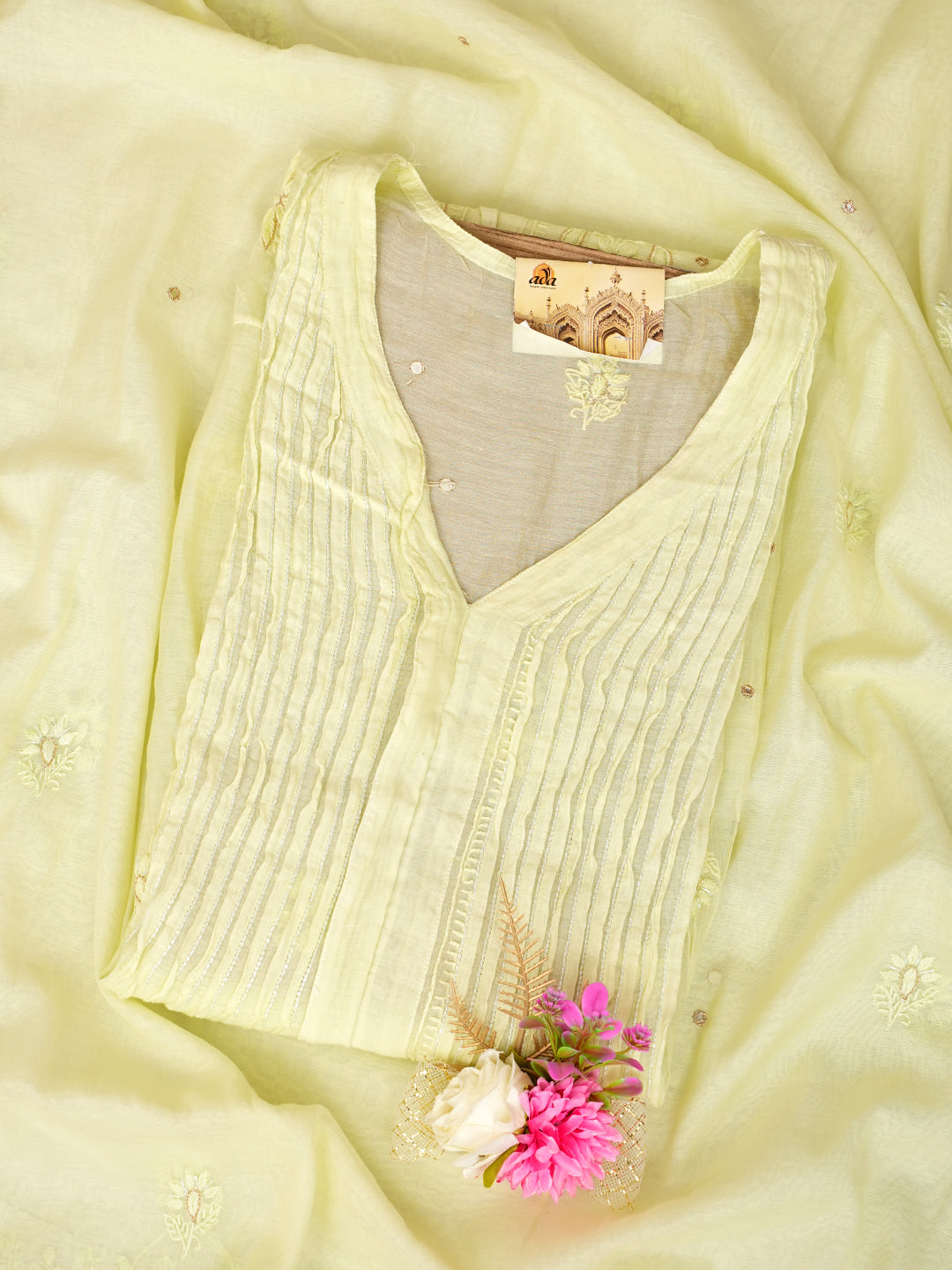 Ada Hand Embroidered Lemon Chanderi Lucknowi Chikankari Semi-Stitched Kurta Dupatta Set With Cutdana Work 01A887372