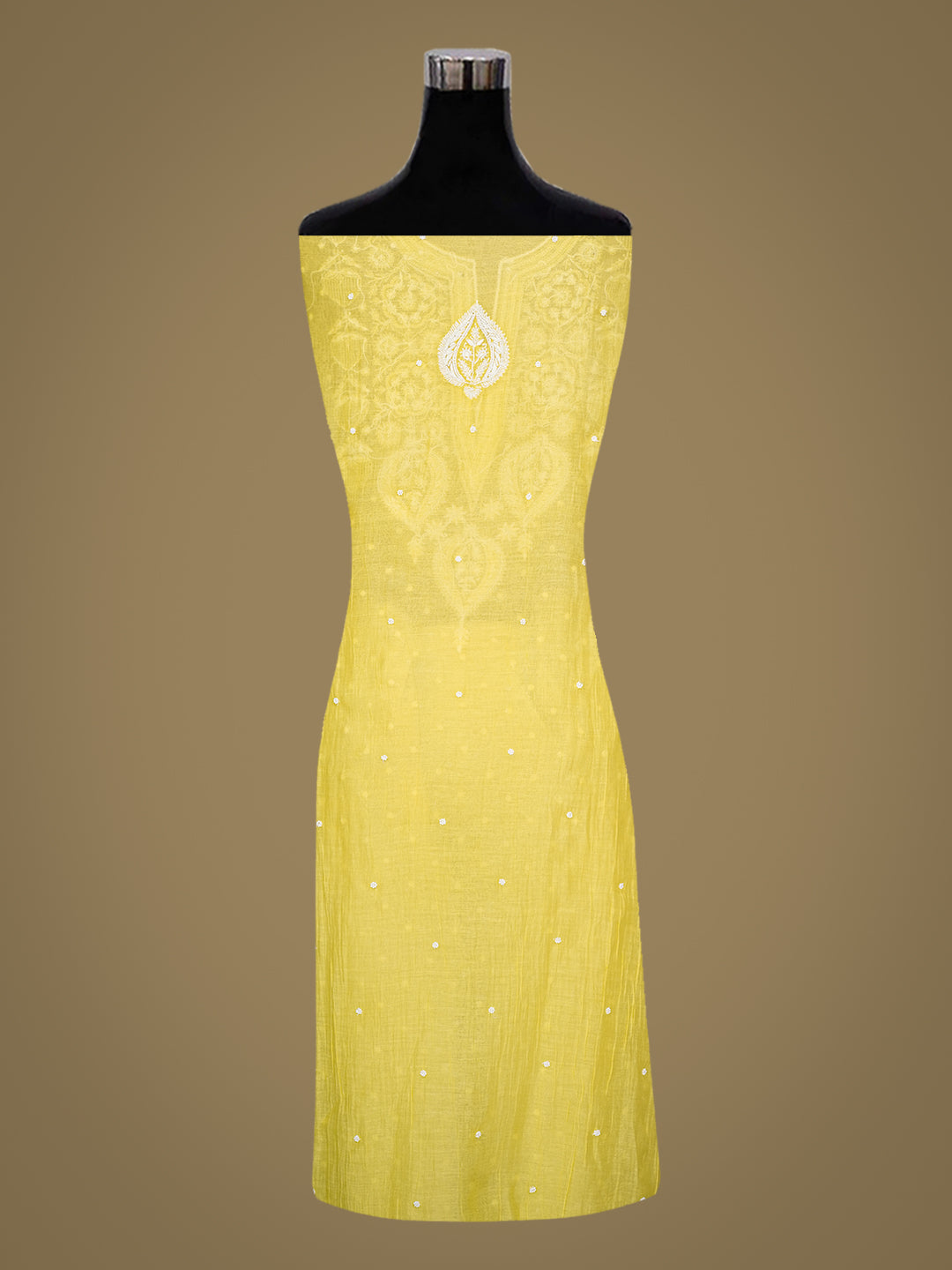Ada Hand Embroidered Lemon Chanderi Lucknowi Chikankari Semi Unstitched Kurta Dupatta Set With Pearl Work 01A987036