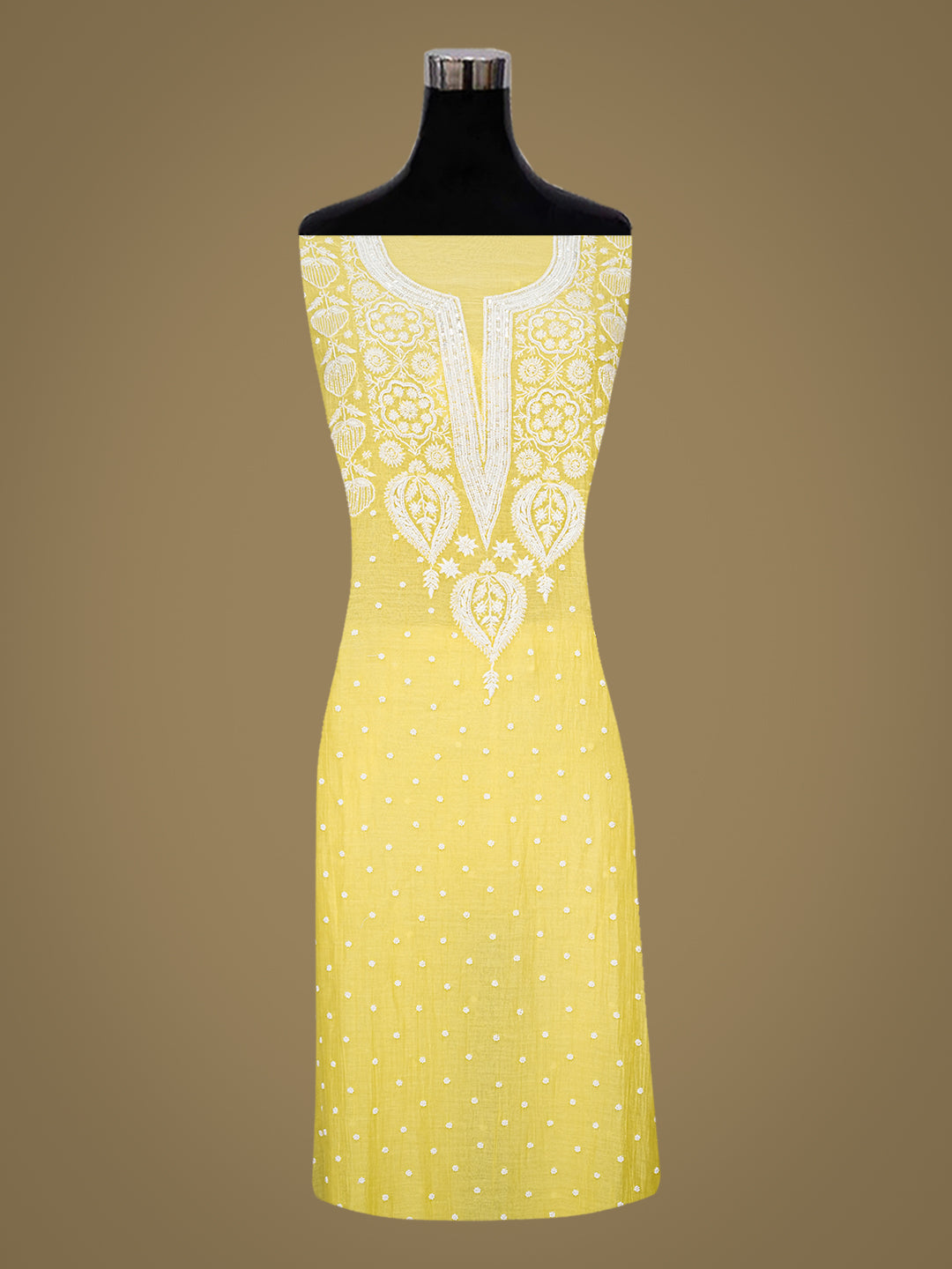 Ada Hand Embroidered Lemon Chanderi Lucknowi Chikankari Semi Unstitched Kurta Dupatta Set With Pearl Work 01A987036