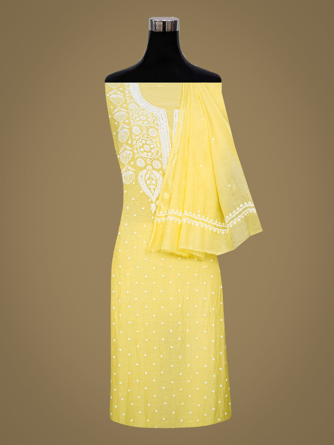 Ada Hand Embroidered Lemon Chanderi Lucknowi Chikankari Semi Unstitched Kurta Dupatta Set With Pearl Work 01A987036