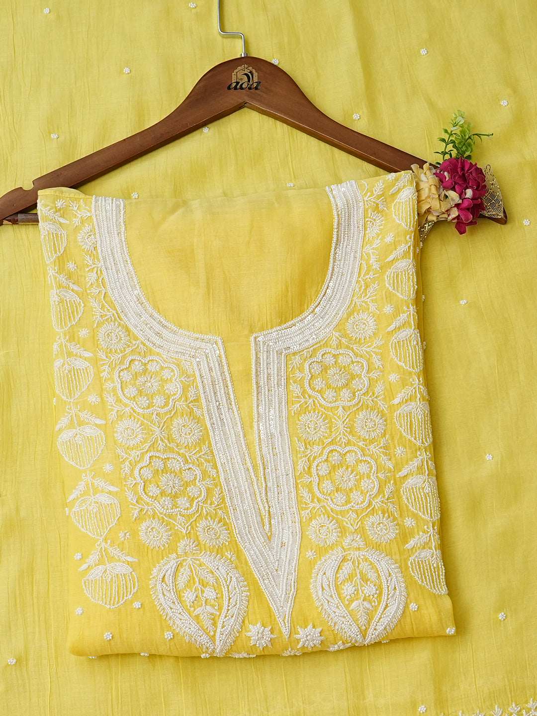 Ada Hand Embroidered Lemon Chanderi Lucknowi Chikankari Semi Unstitched Kurta Dupatta Set With Pearl Work 01A987036