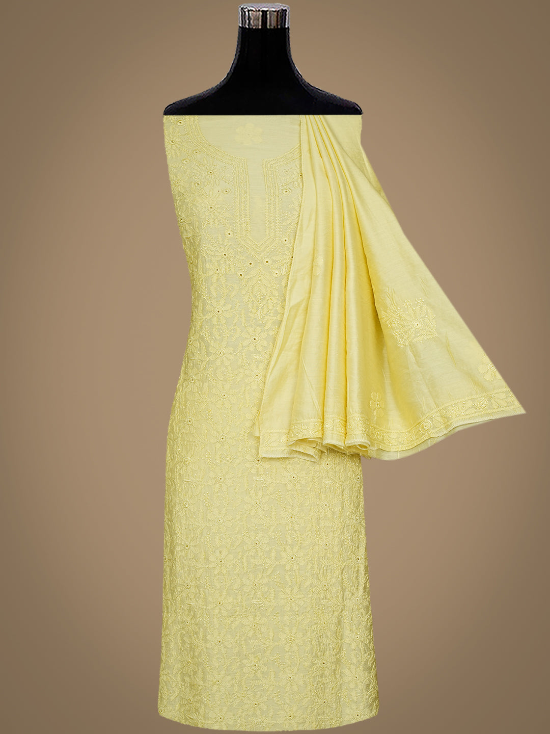 Lemon Chanderi Lucknowi Chikankari Unstitched Kurta Dupatta Set for Women